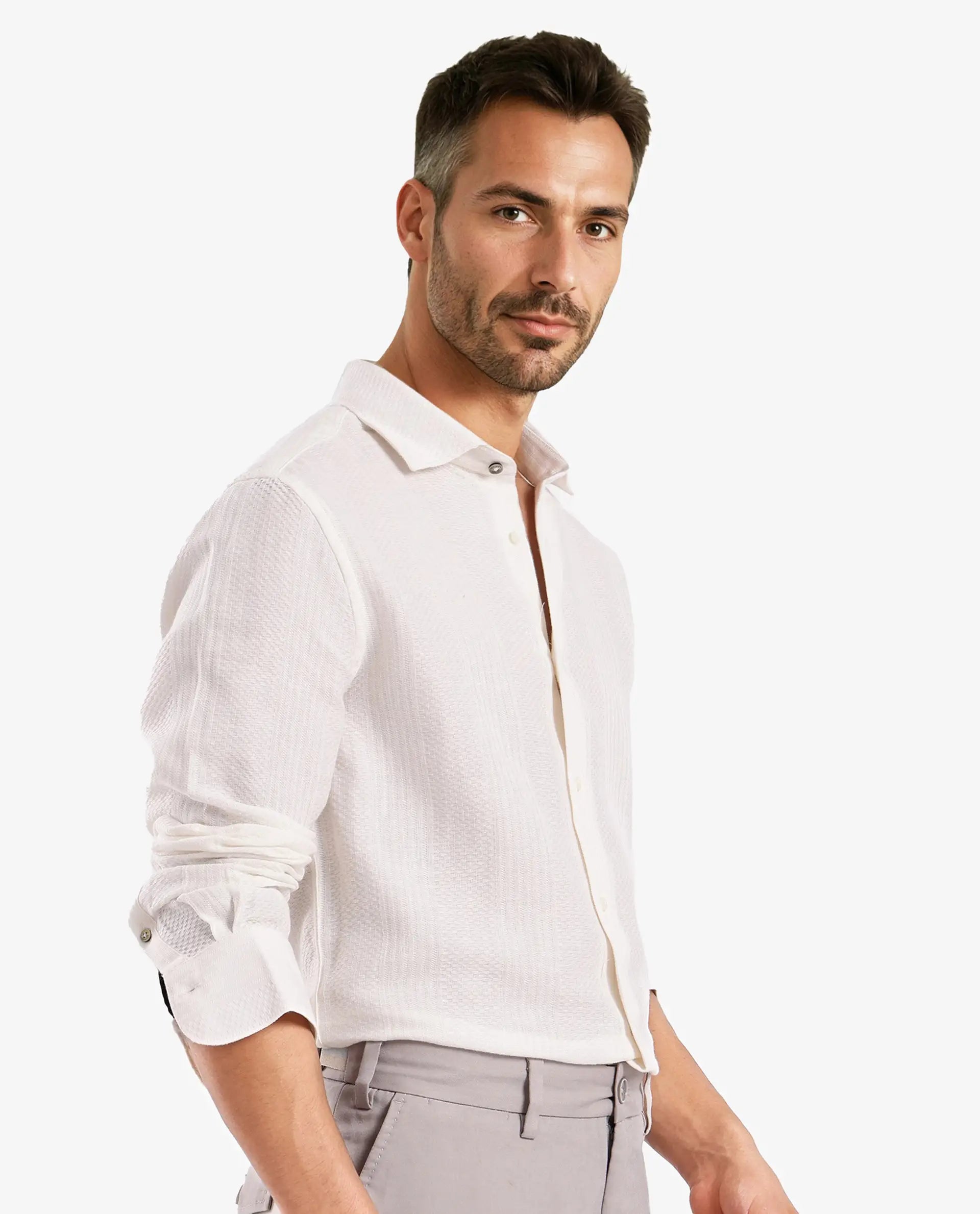 Rare Rabbit Men Aube Off White Cotton Fabric Full Sleeve Slim Fit Plain Shirt