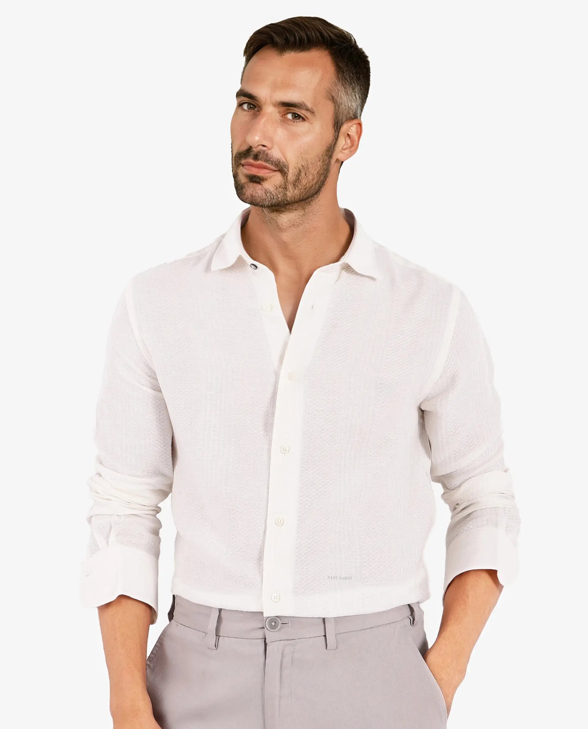 Rare Rabbit Men Aube Off White Cotton Fabric Full Sleeve Slim Fit Plain Shirt