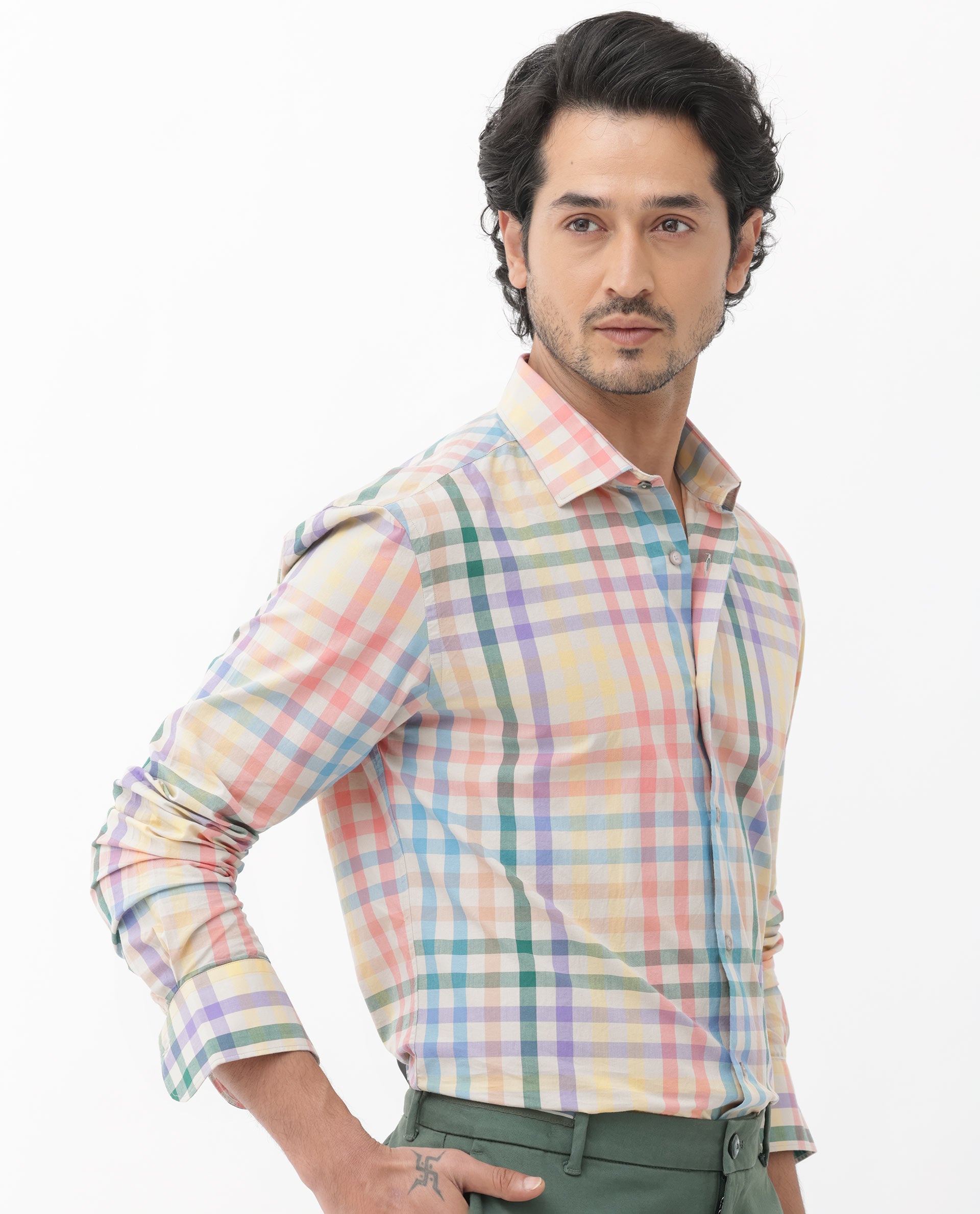 Rare Rabbit Mens Aubin Beige Cotton Fabric Full Sleeves Multicolored Checks Shirt