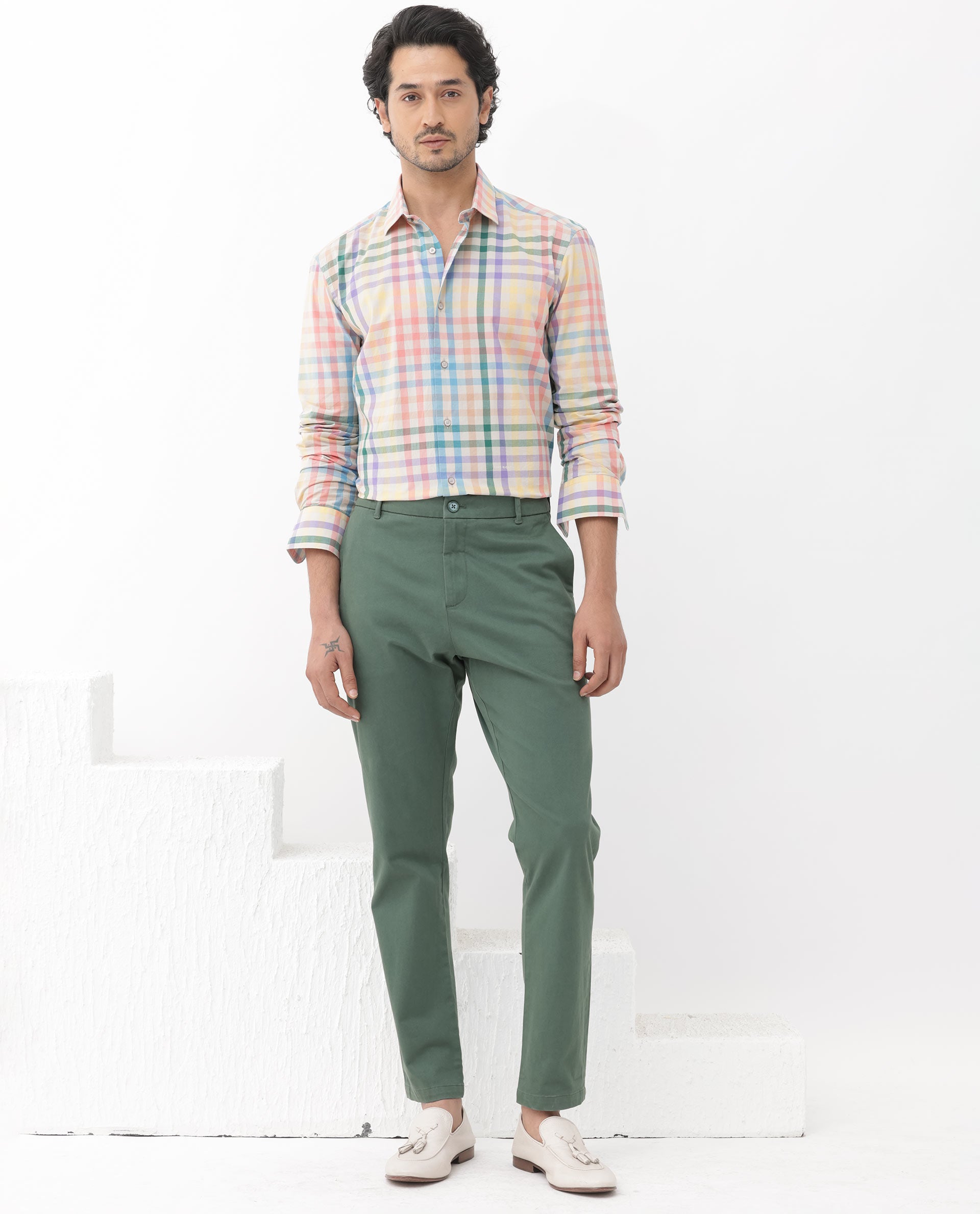 Rare Rabbit Mens Aubin Beige Cotton Fabric Full Sleeves Multicolored Checks Shirt