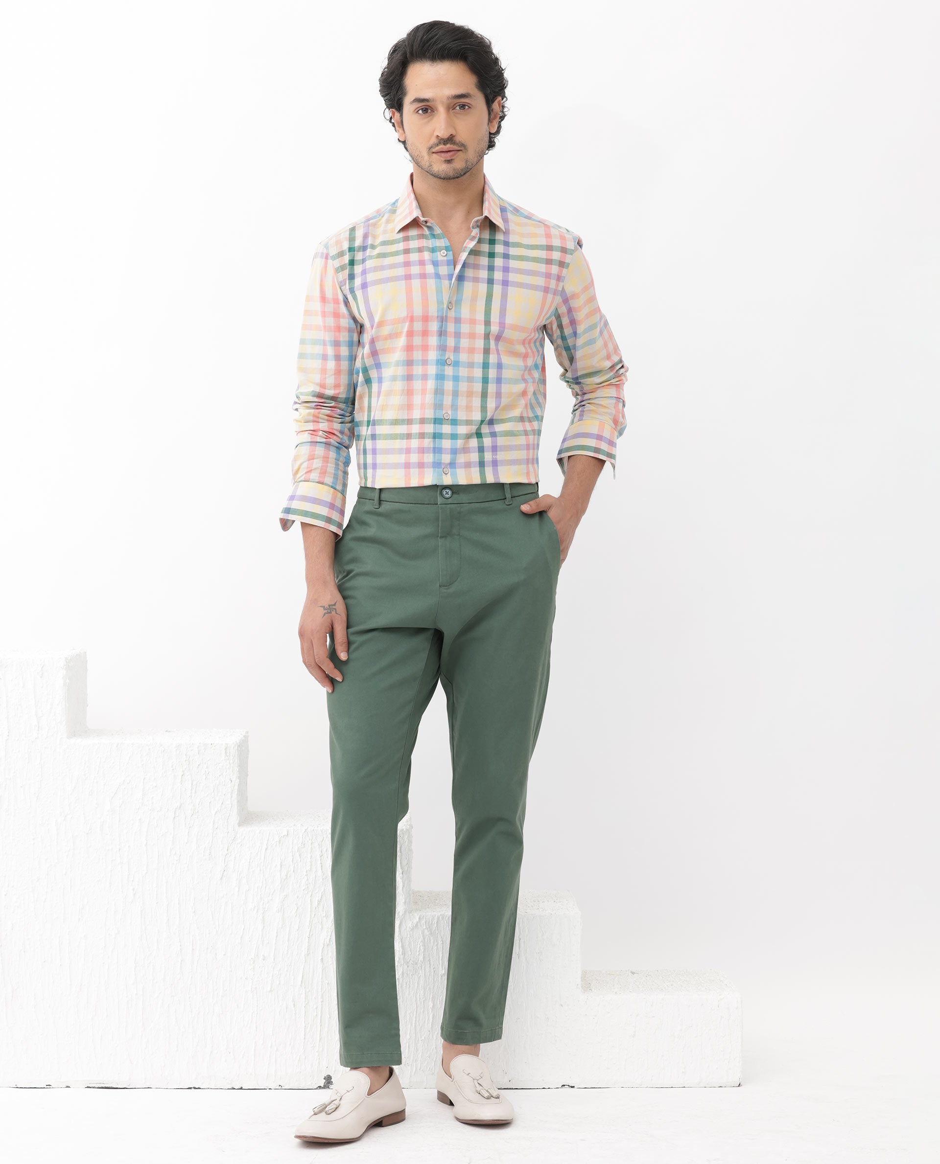 Rare Rabbit Mens Aubin Beige Cotton Fabric Full Sleeves Multicolored Checks Shirt