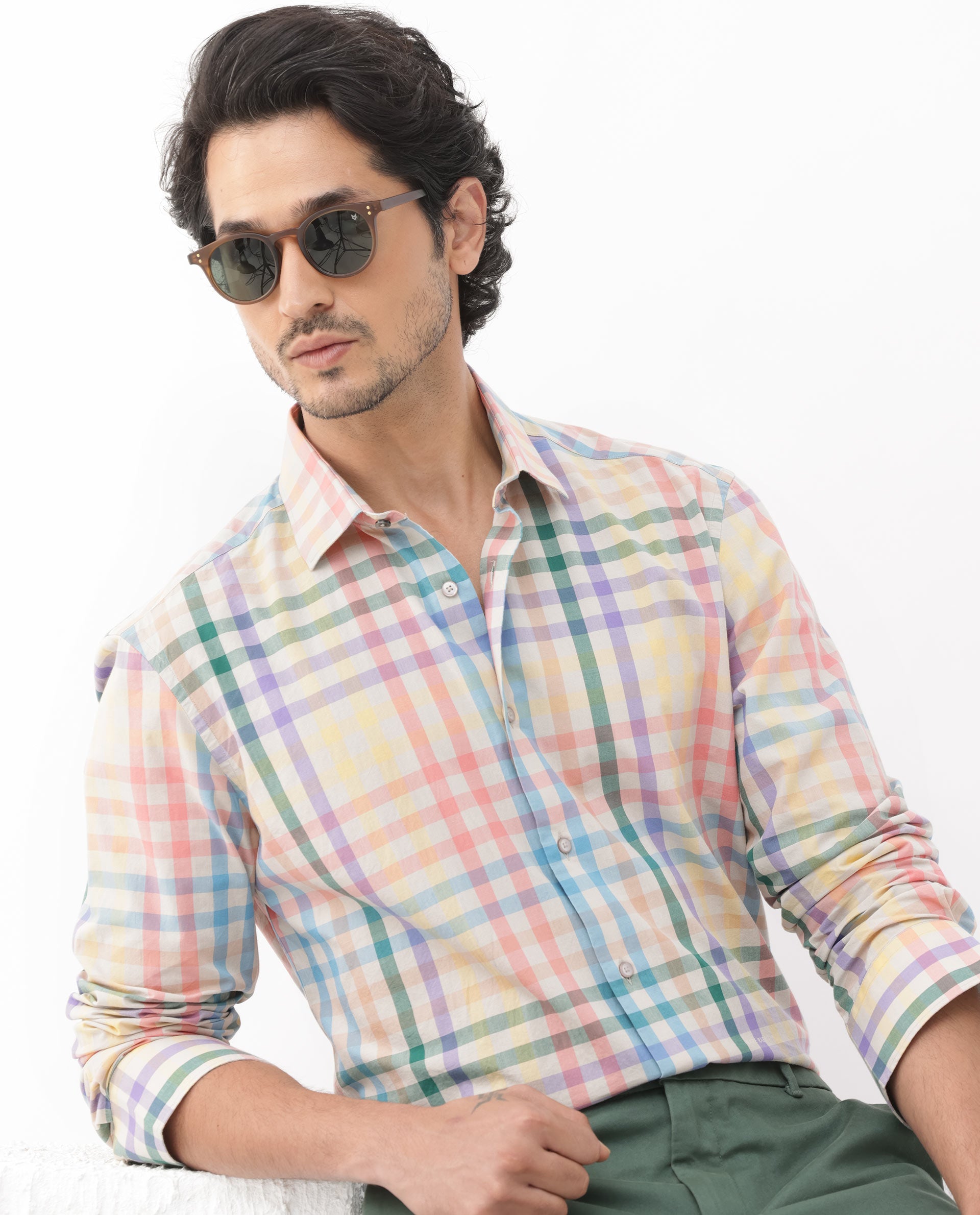 Rare Rabbit Mens Aubin Beige Cotton Fabric Full Sleeves Multicolored Checks Shirt