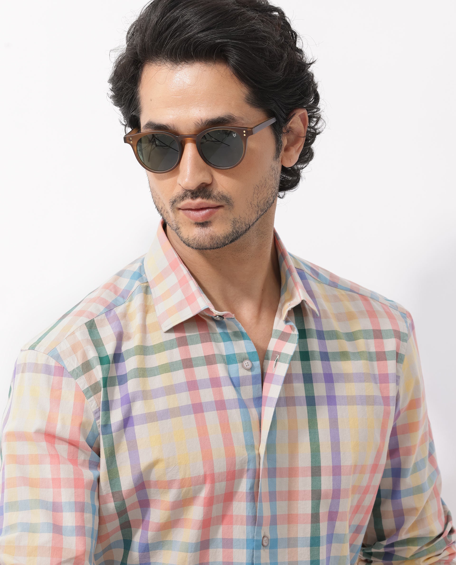 Rare Rabbit Mens Aubin Beige Cotton Fabric Full Sleeves Multicolored Checks Shirt