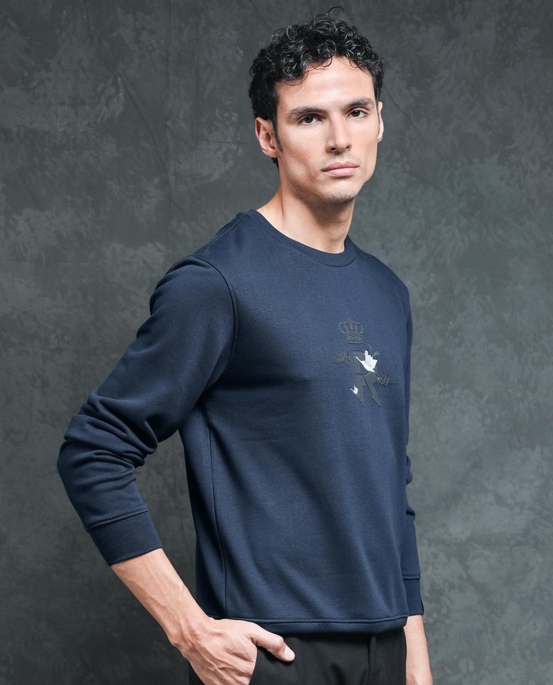 RARE RABBIT MENS AUGUST NAVY SWEATSHIRT COTTON POLYESTER TERRY FABRIC ROUND NECK KNITTED FULL SLEEVES COMFORTABLE FIT