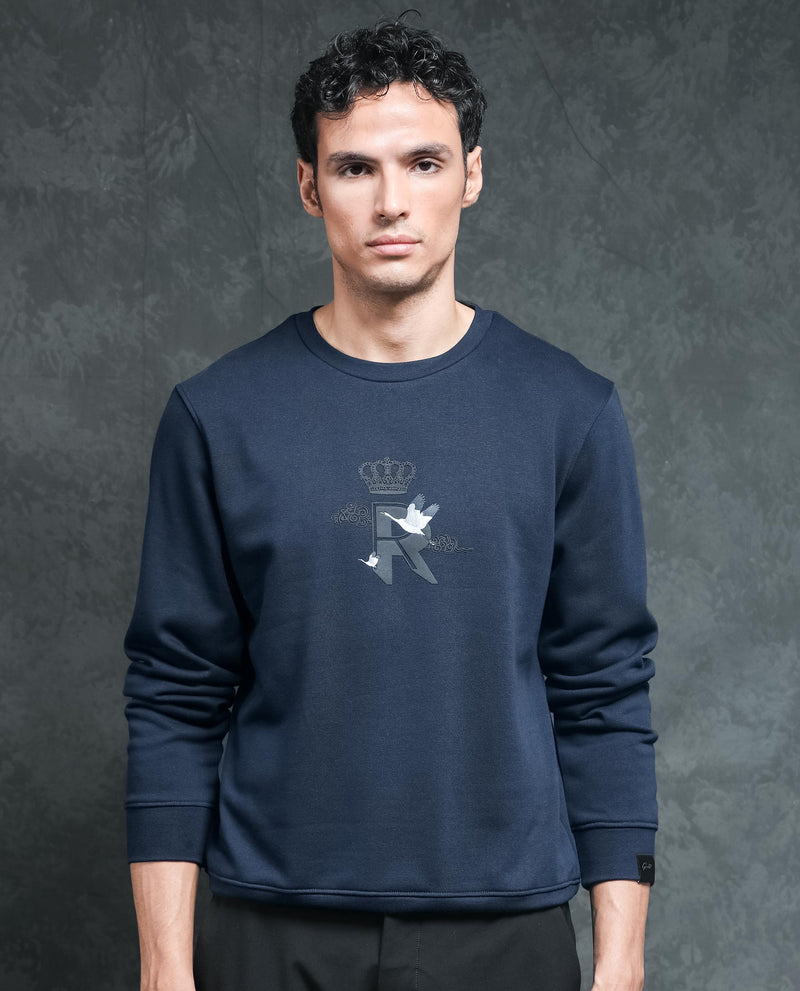 RARE RABBIT MENS AUGUST NAVY SWEATSHIRT COTTON POLYESTER TERRY FABRIC ROUND NECK KNITTED FULL SLEEVES COMFORTABLE FIT