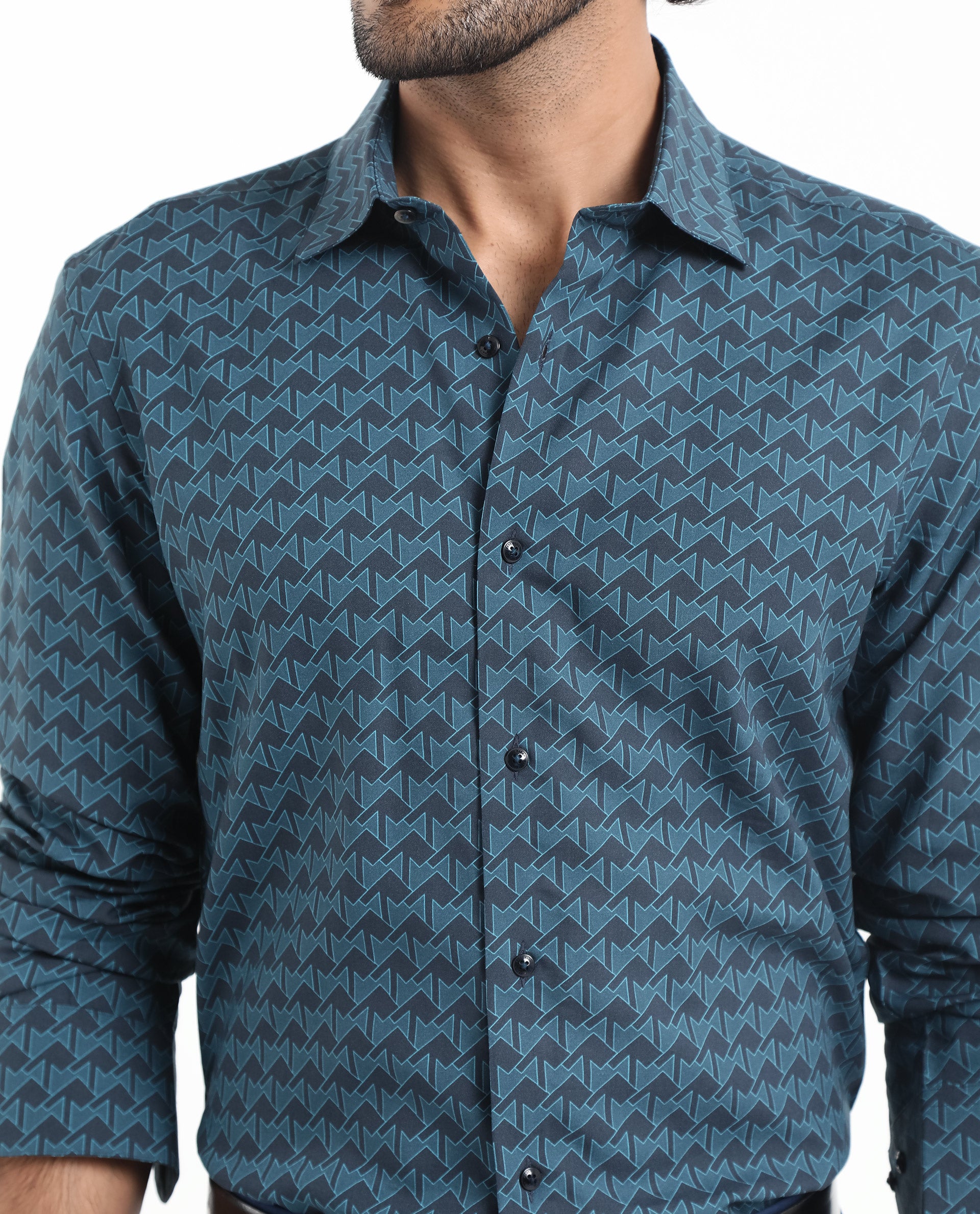 Rare Rabbit Men's Avior Teal Viscose Fabric Full Sleeve Collared Neck Monogram Print Shirt