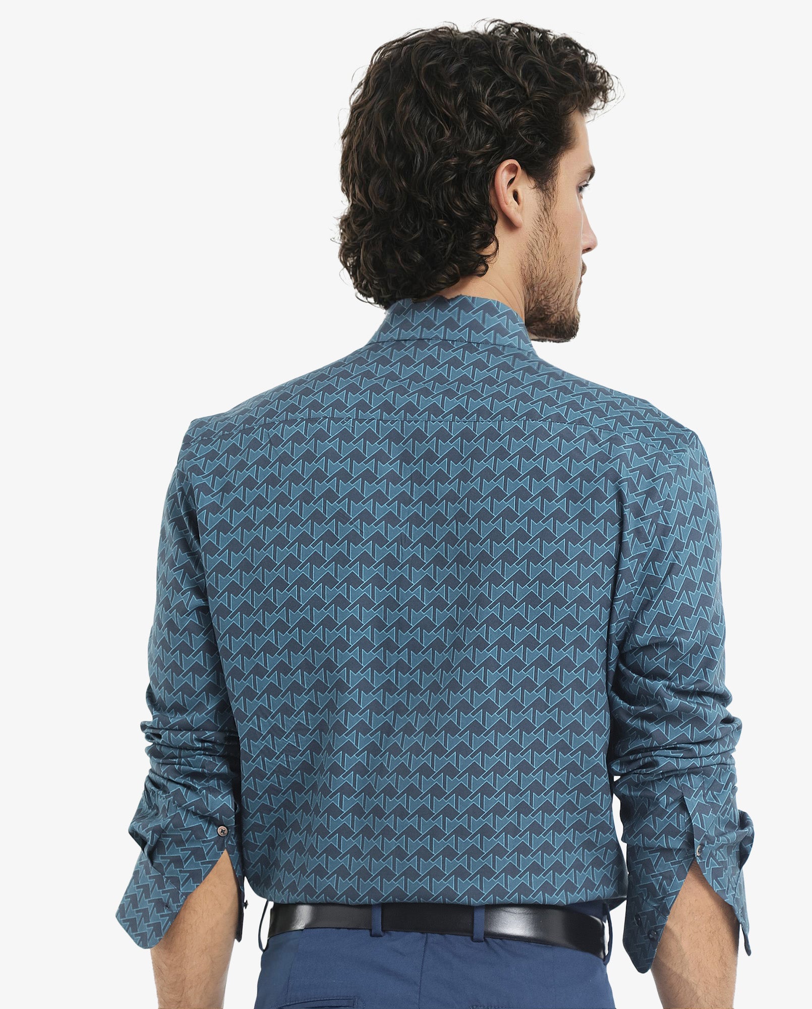 Rare Rabbit Men's Avior Teal Viscose Fabric Full Sleeve Collared Neck Monogram Print Shirt