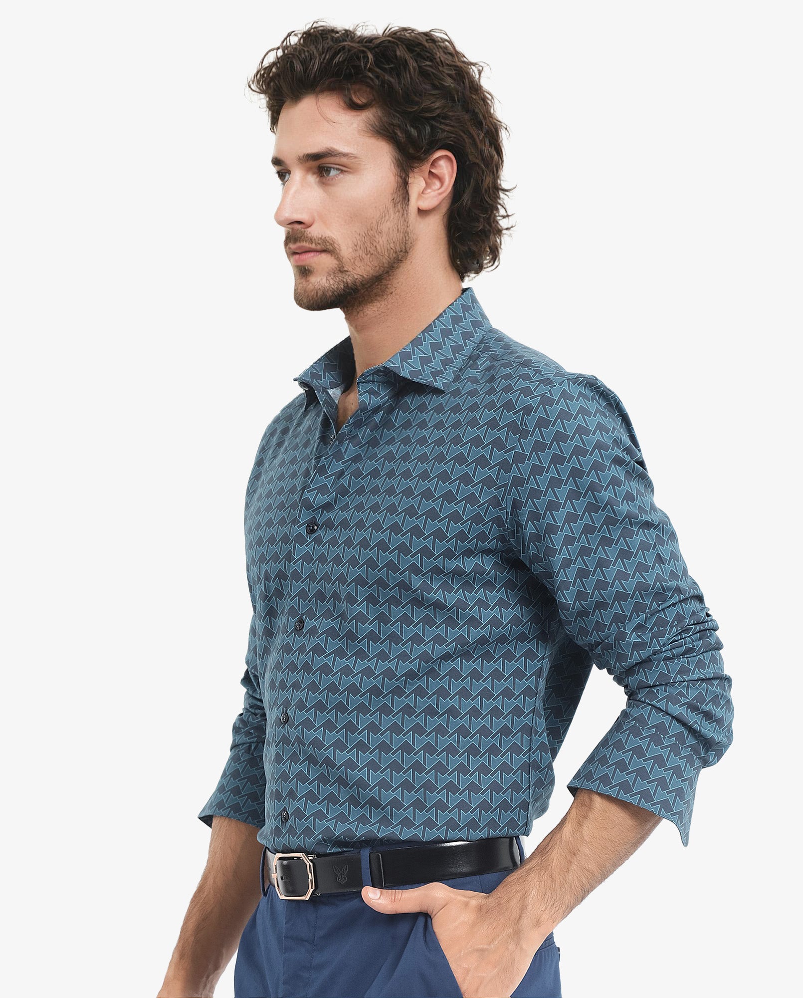 Rare Rabbit Men's Avior Teal Viscose Fabric Full Sleeve Collared Neck Monogram Print Shirt