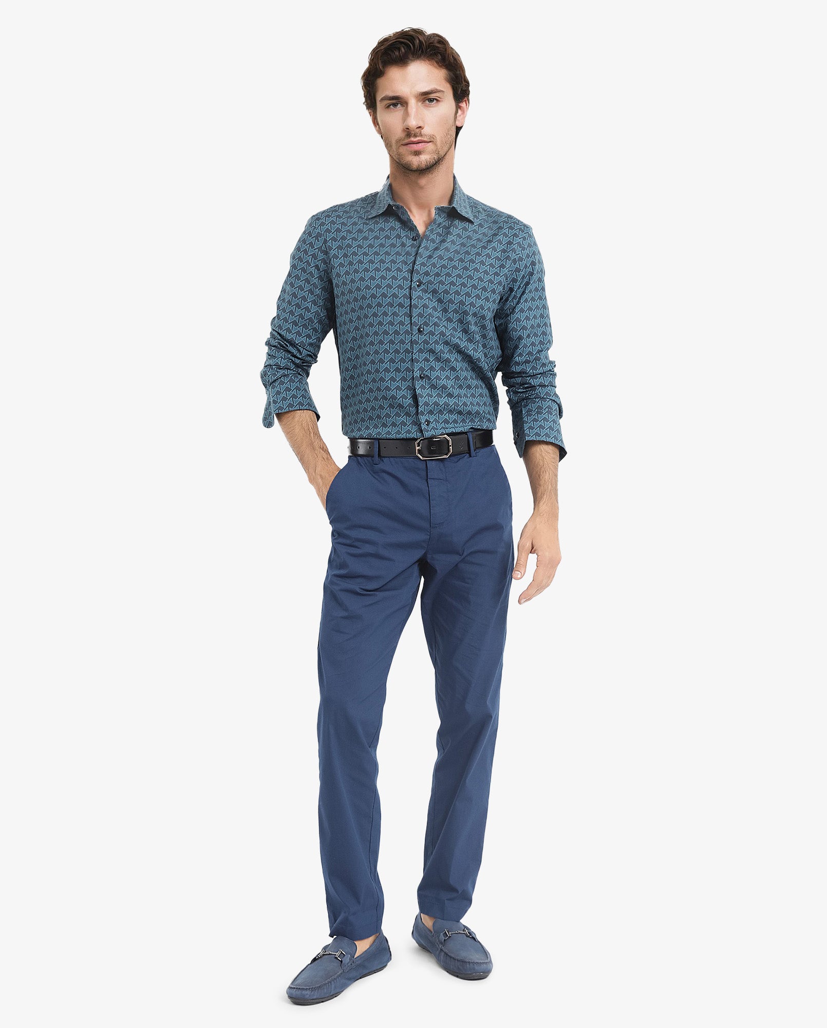 Rare Rabbit Men's Avior Teal Viscose Fabric Full Sleeve Collared Neck Monogram Print Shirt