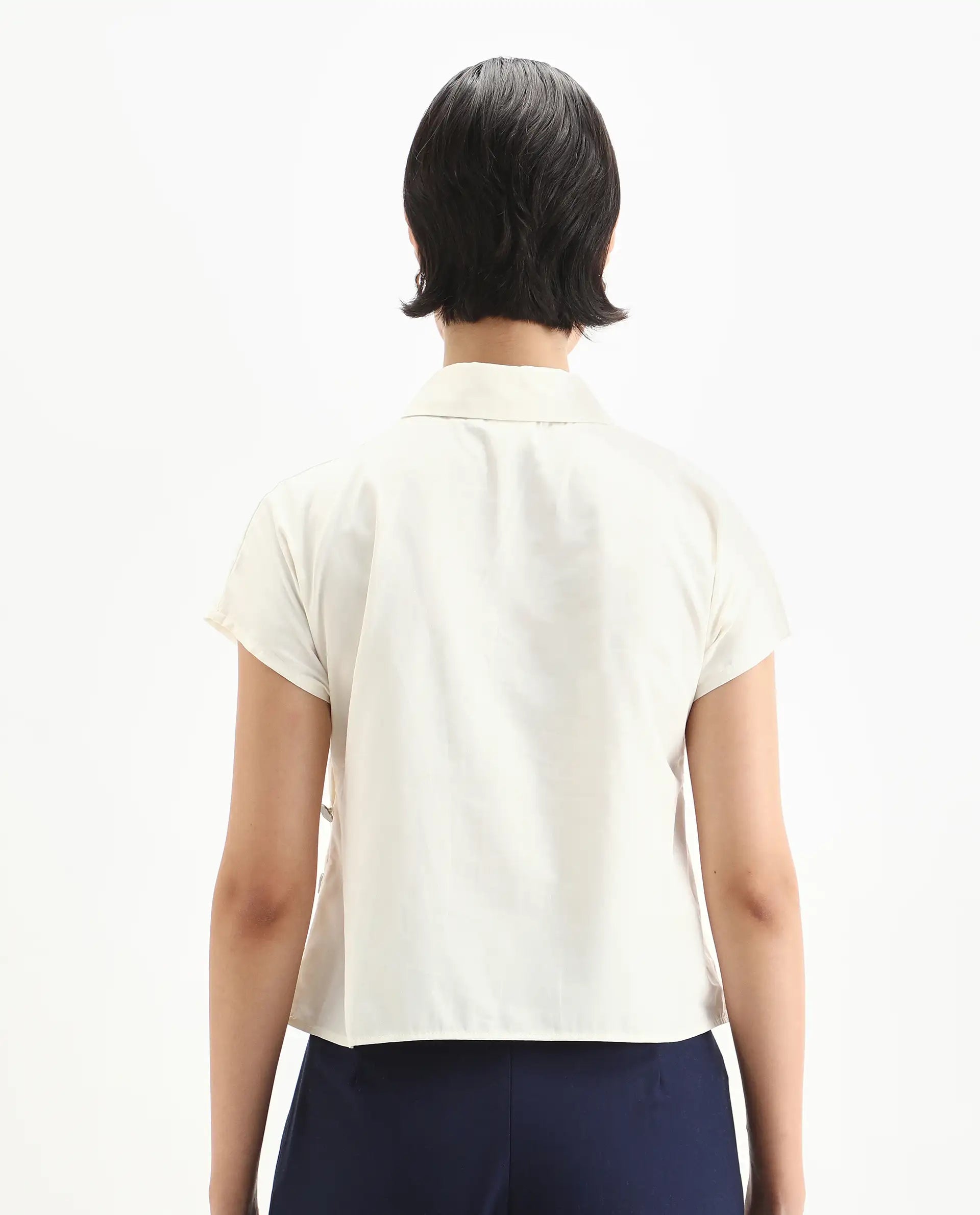 Rareism Women's Aurelia Off White Cotton Blend Drop Collar Plain Extended Sleeves Regular Fit Top