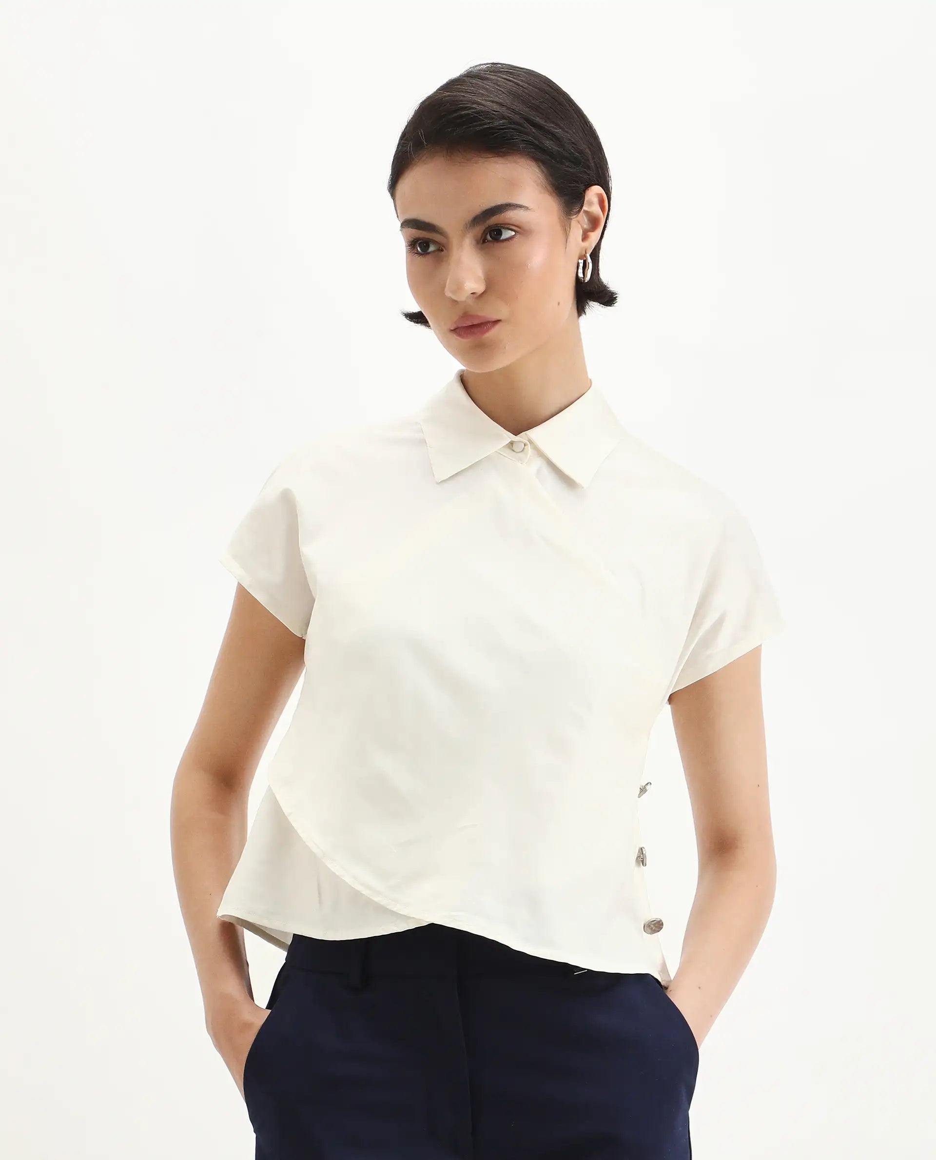 Rareism Women's Aurelia Off White Cotton Blend Drop Collar Plain Extended Sleeves Regular Fit Top