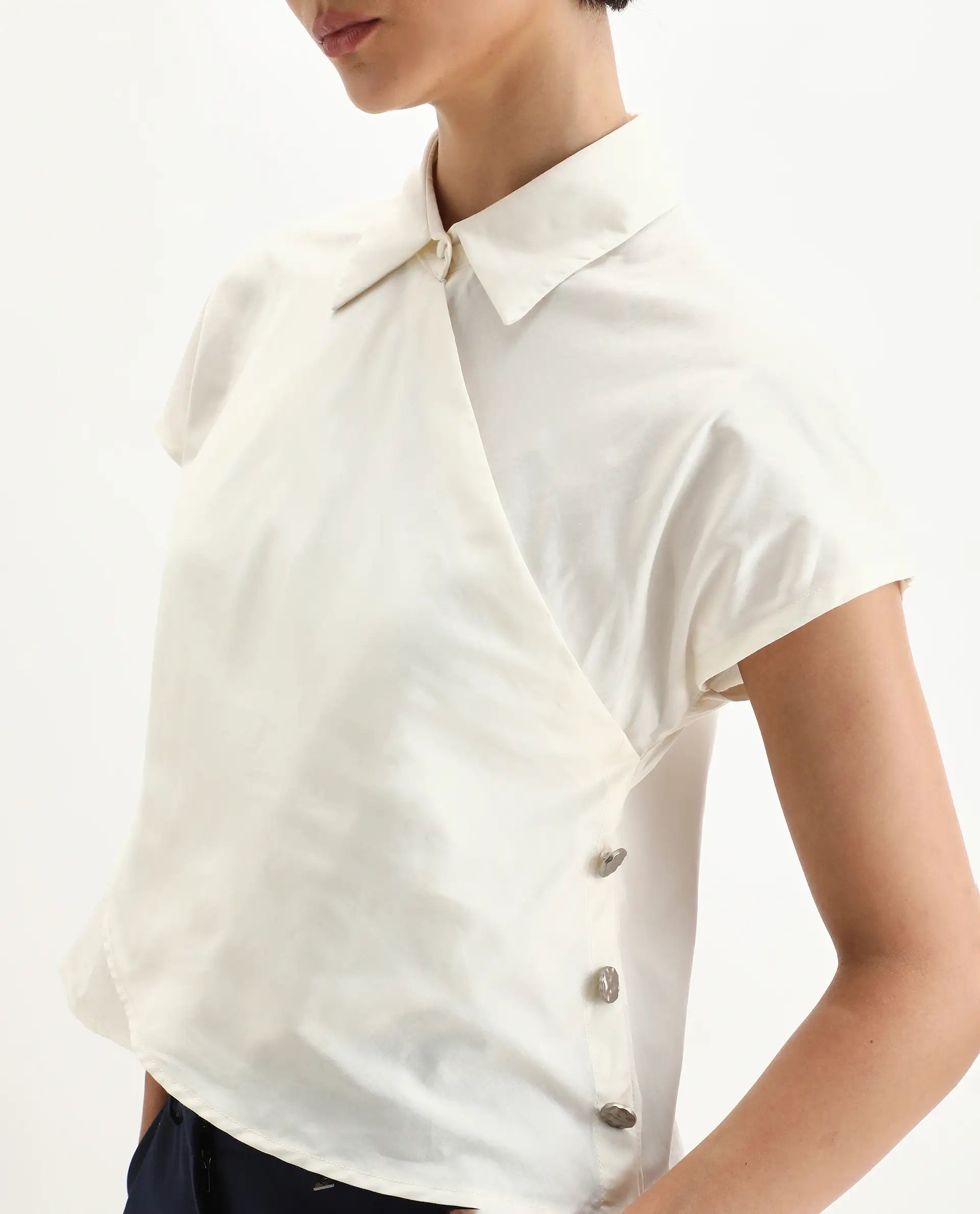 Rareism Women's Aurelia Off White Cotton Blend Drop Collar Plain Extended Sleeves Regular Fit Top