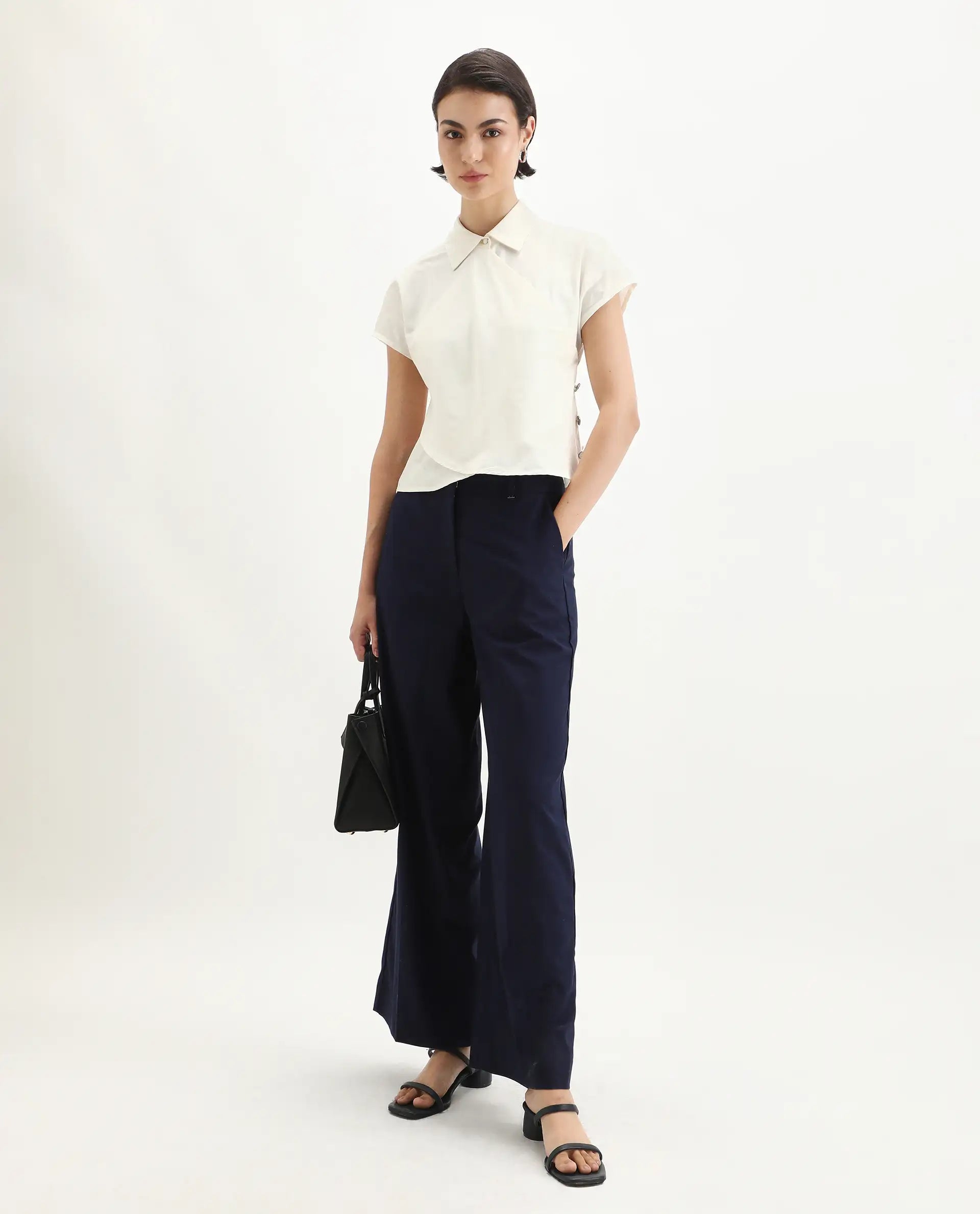 Rareism Women's Aurelia Off White Cotton Blend Drop Collar Plain Extended Sleeves Regular Fit Top