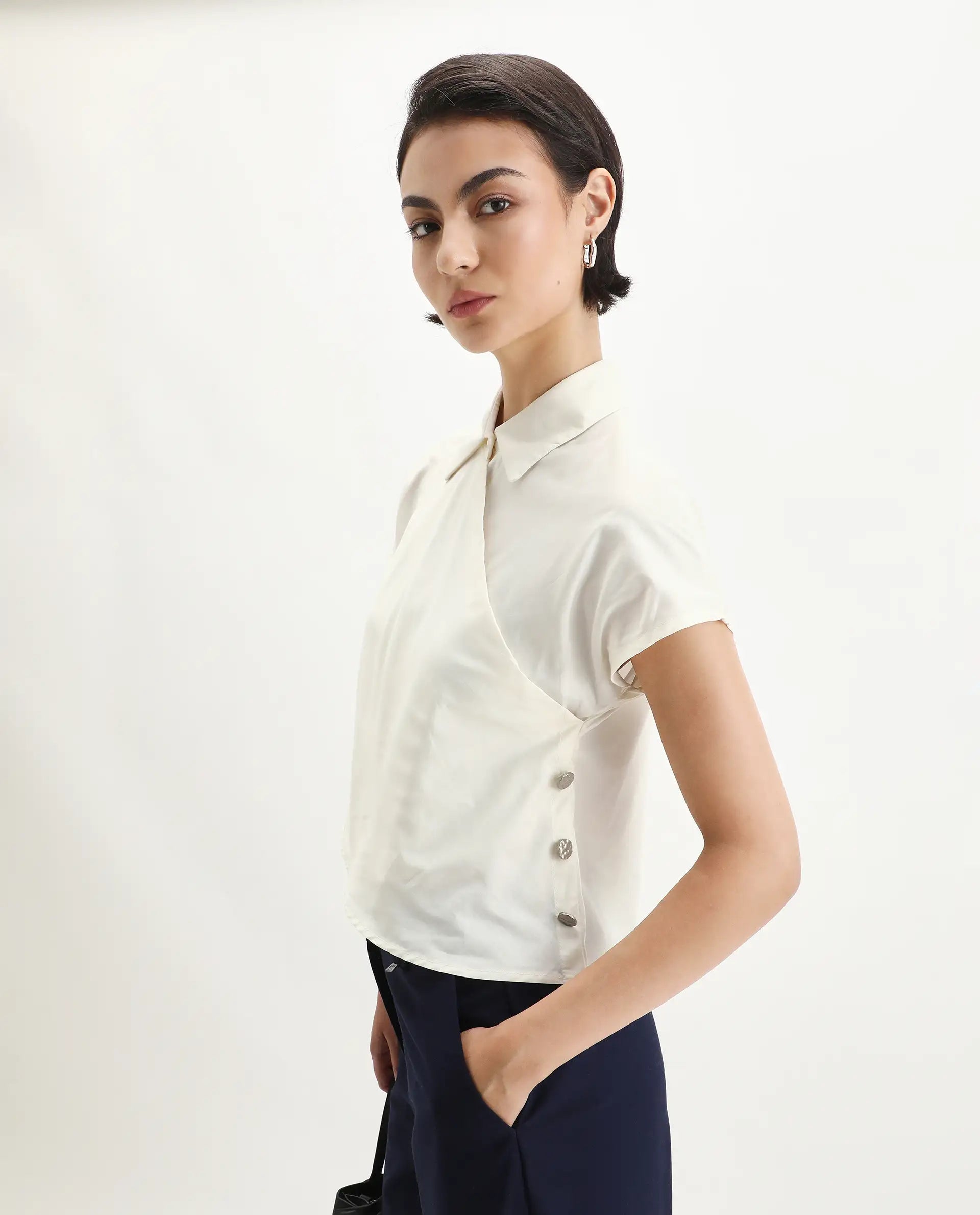 Rareism Women's Aurelia Off White Cotton Blend Drop Collar Plain Extended Sleeves Regular Fit Top