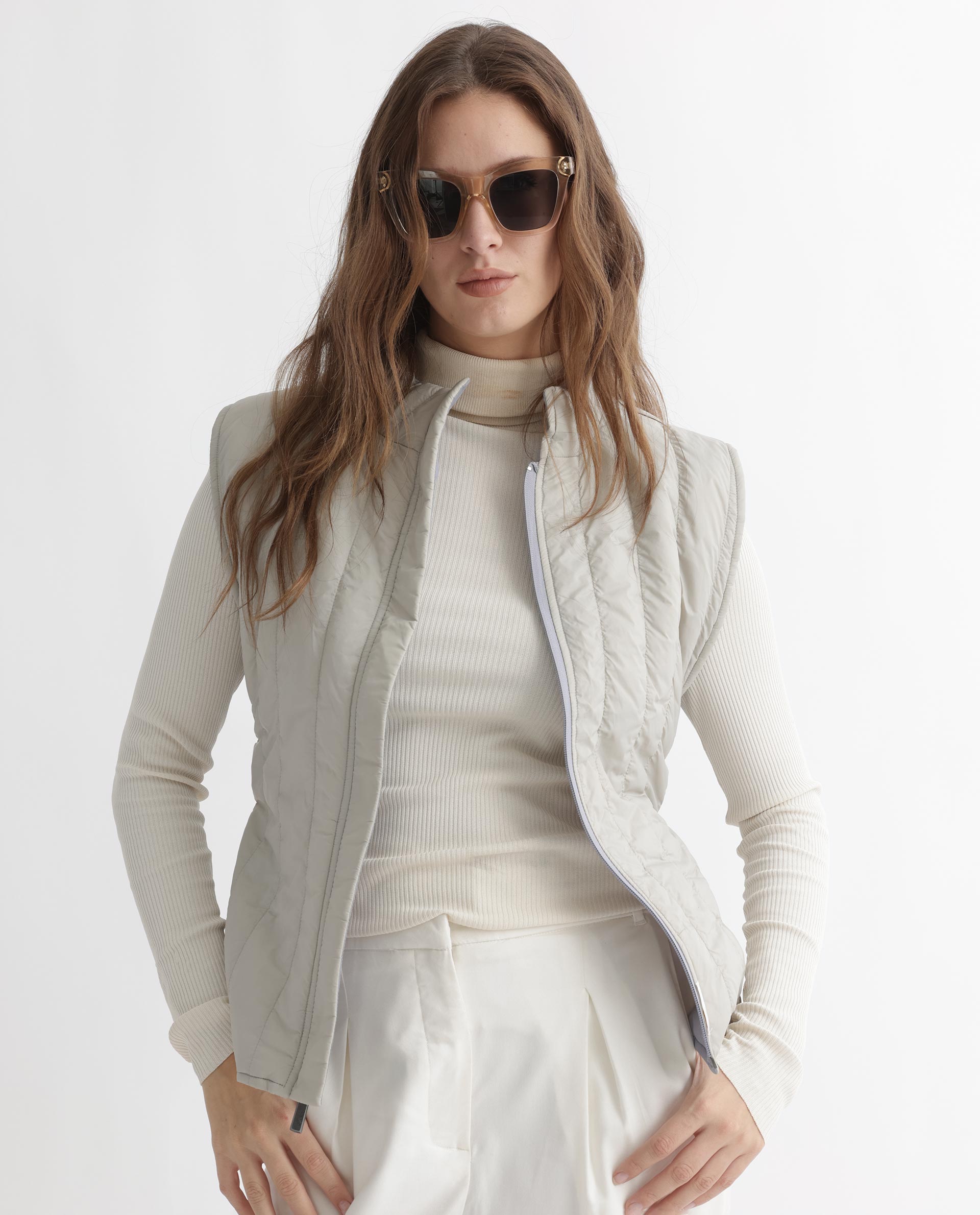 Rareism Women Aurora Beige Polyester Fabric Sleeveless Solid High Neck Jacket