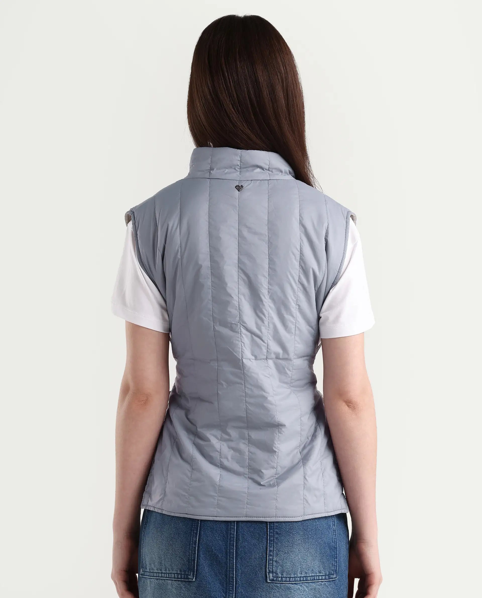 Rareism Women's Aurora Beige Polyester High Neck Plain Sleeveless Regular Fit Jacket