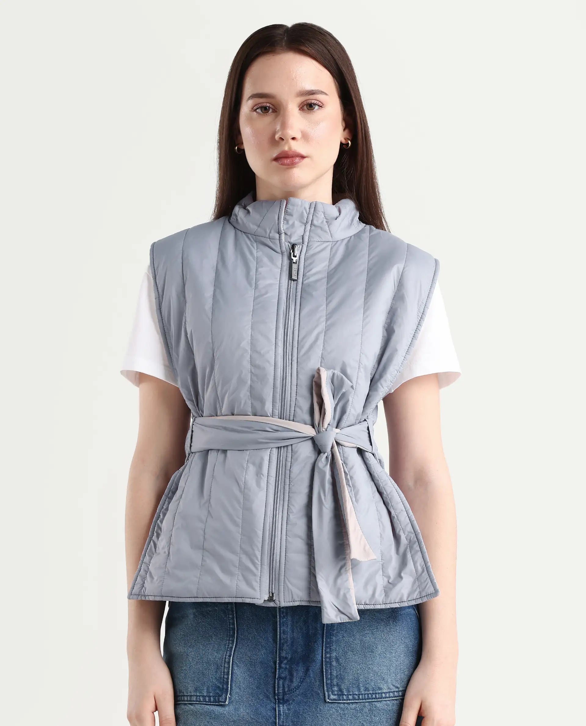 Rareism Women's Aurora Beige Polyester High Neck Plain Sleeveless Regular Fit Jacket