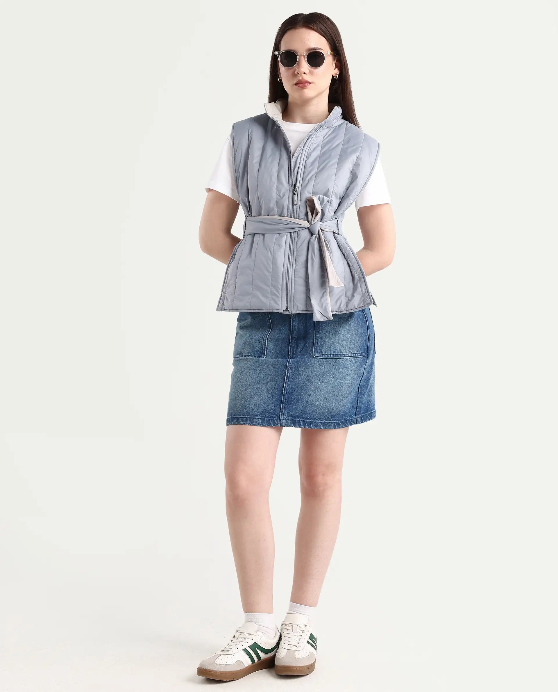 Rareism Women's Aurora Beige Polyester High Neck Plain Sleeveless Regular Fit Jacket