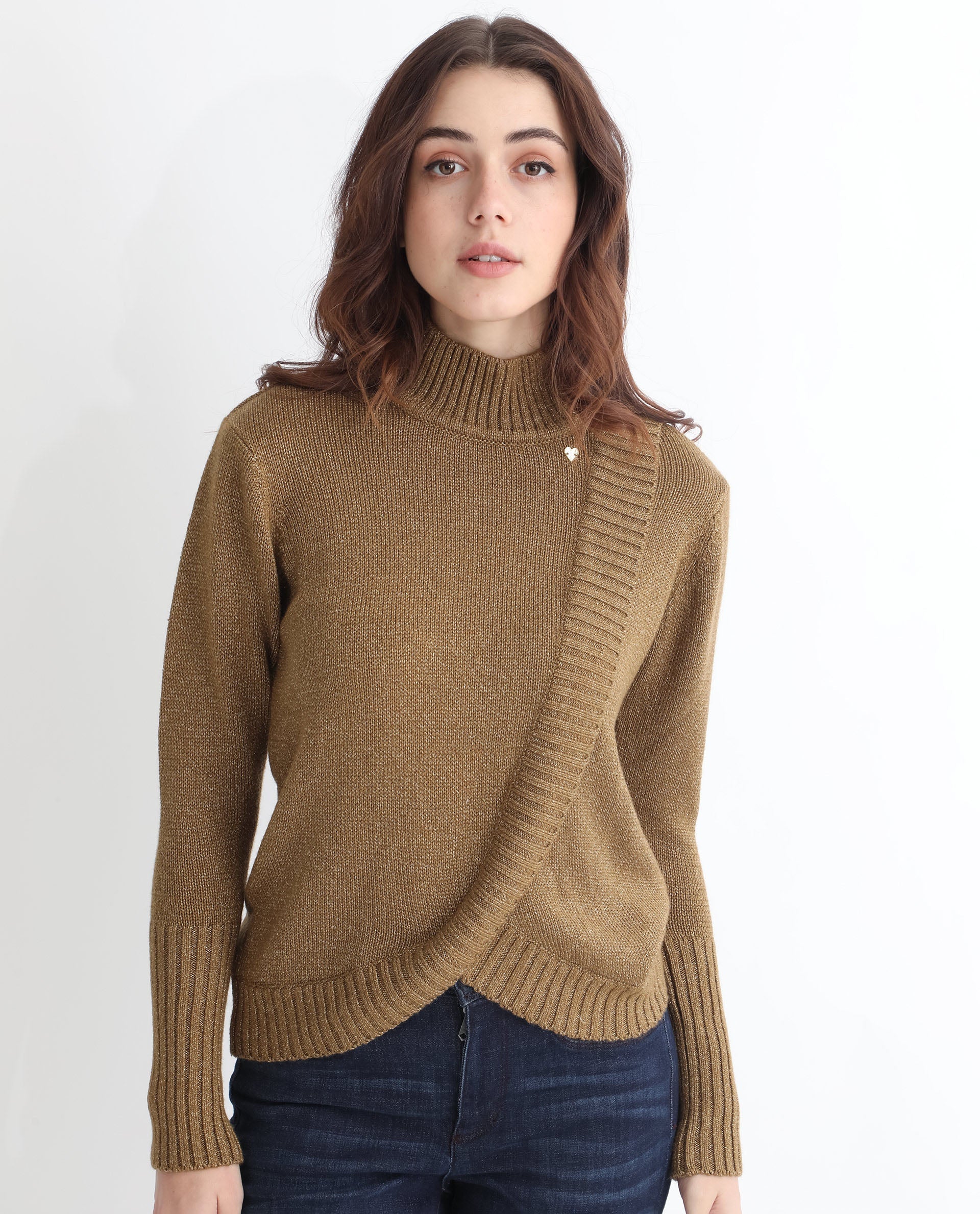 Rareism Women Austern Gold Acrylic Fabric Full Sleeves Knee Length Regular Fit Solid Turtle Neck Sweater