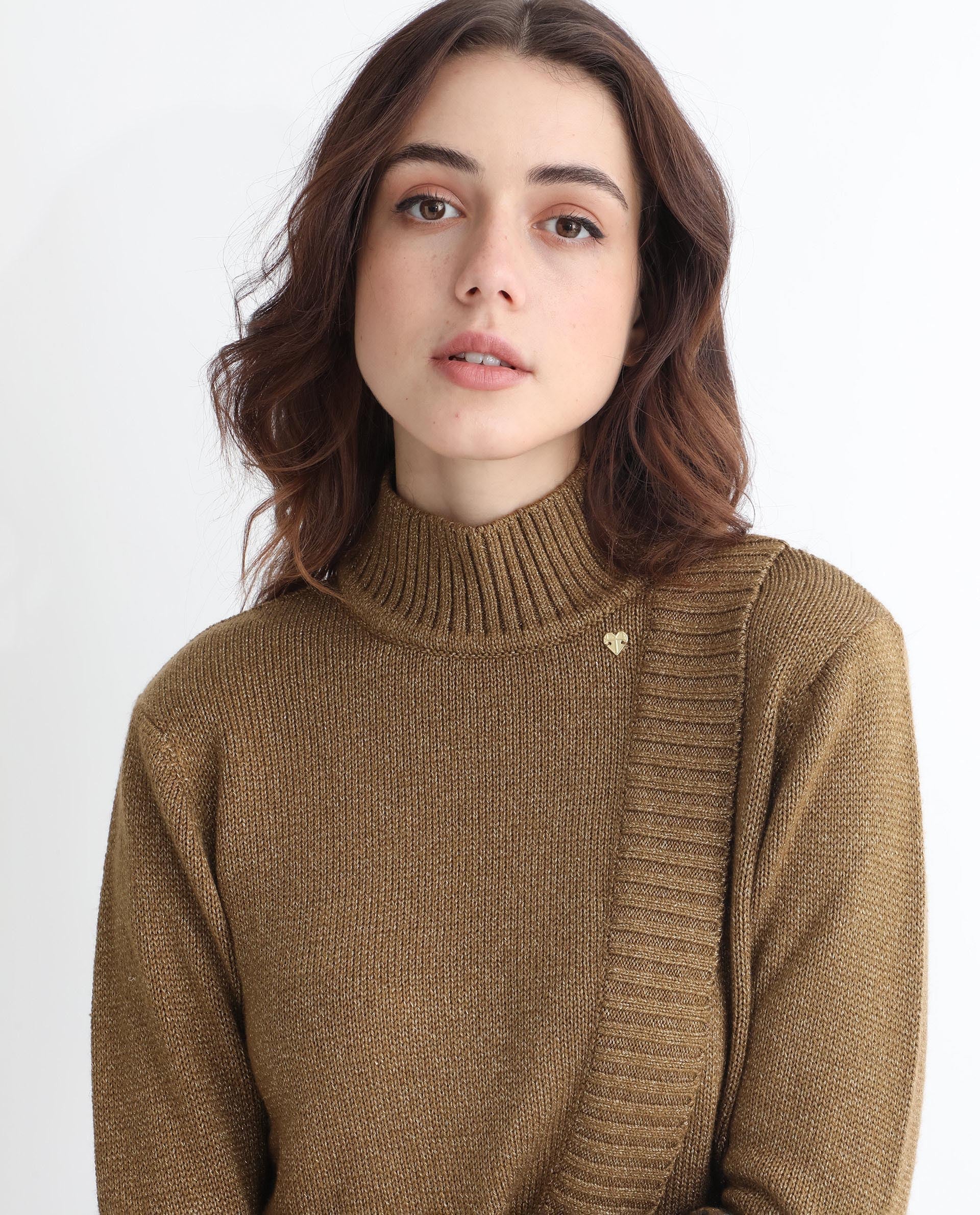 Rareism Women Austern Gold Acrylic Fabric Full Sleeves Knee Length Regular Fit Solid Turtle Neck Sweater