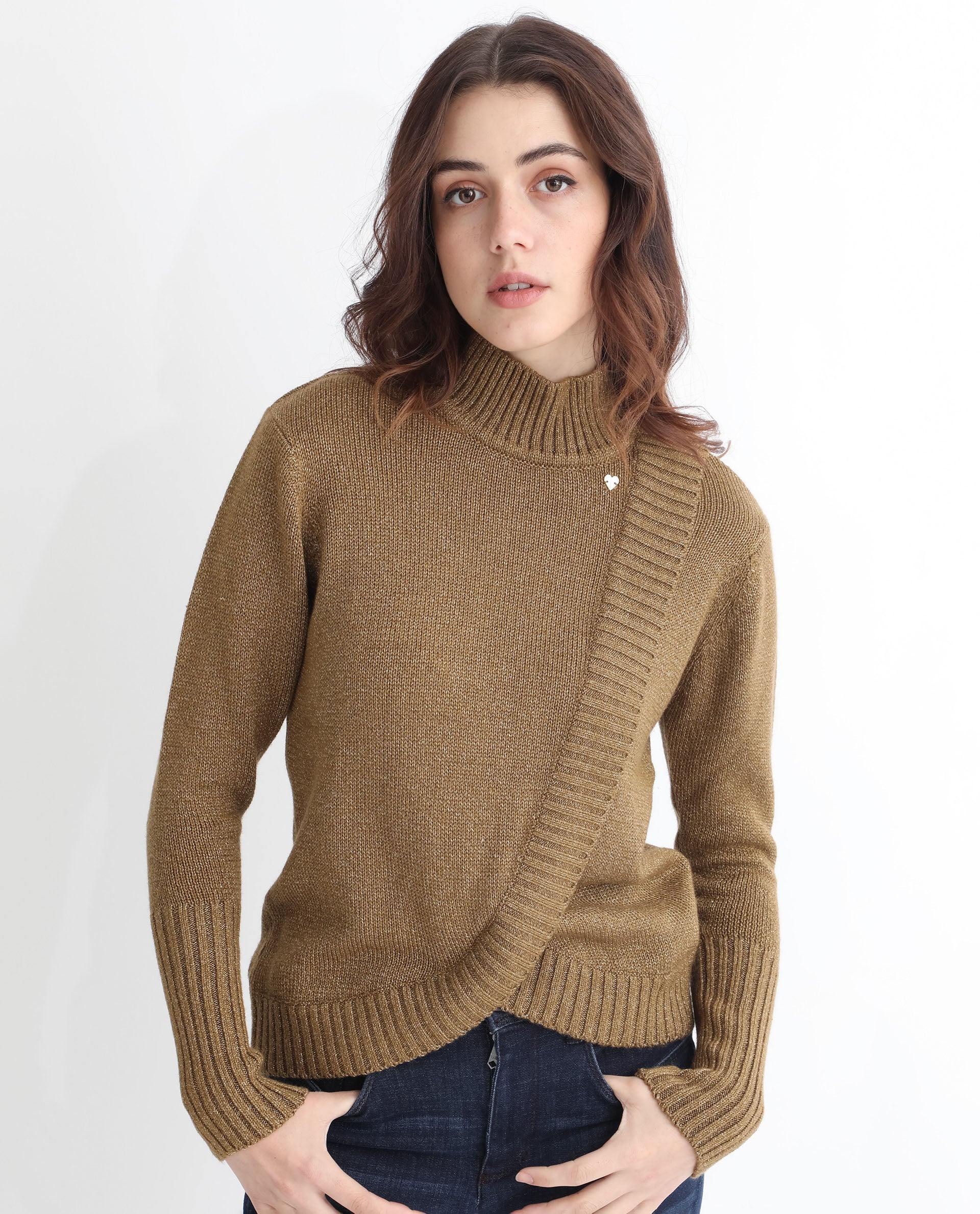 Rareism Women Austern Gold Acrylic Fabric Full Sleeves Knee Length Regular Fit Solid Turtle Neck Sweater