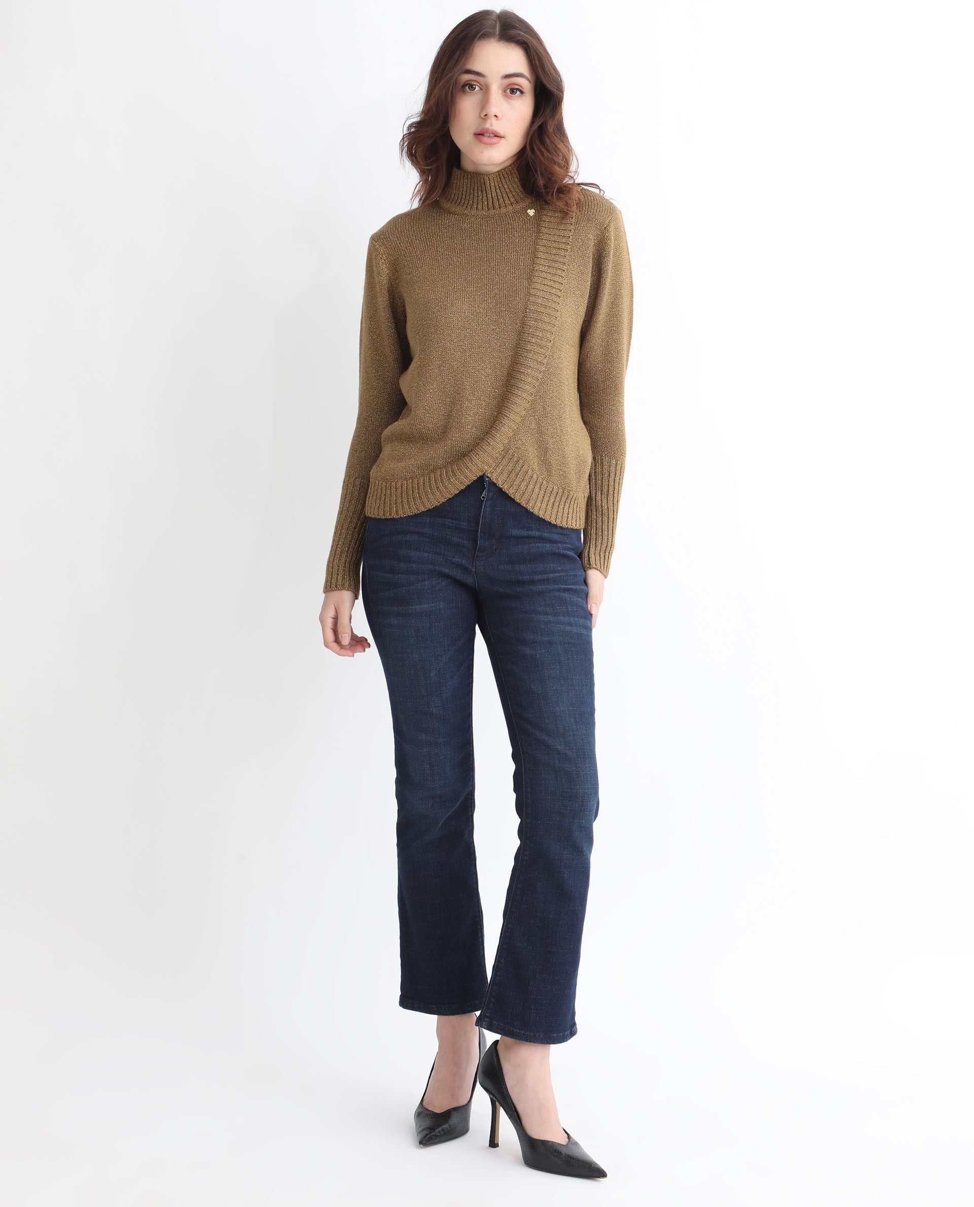 Rareism Women Austern Gold Acrylic Fabric Full Sleeves Knee Length Regular Fit Solid Turtle Neck Sweater
