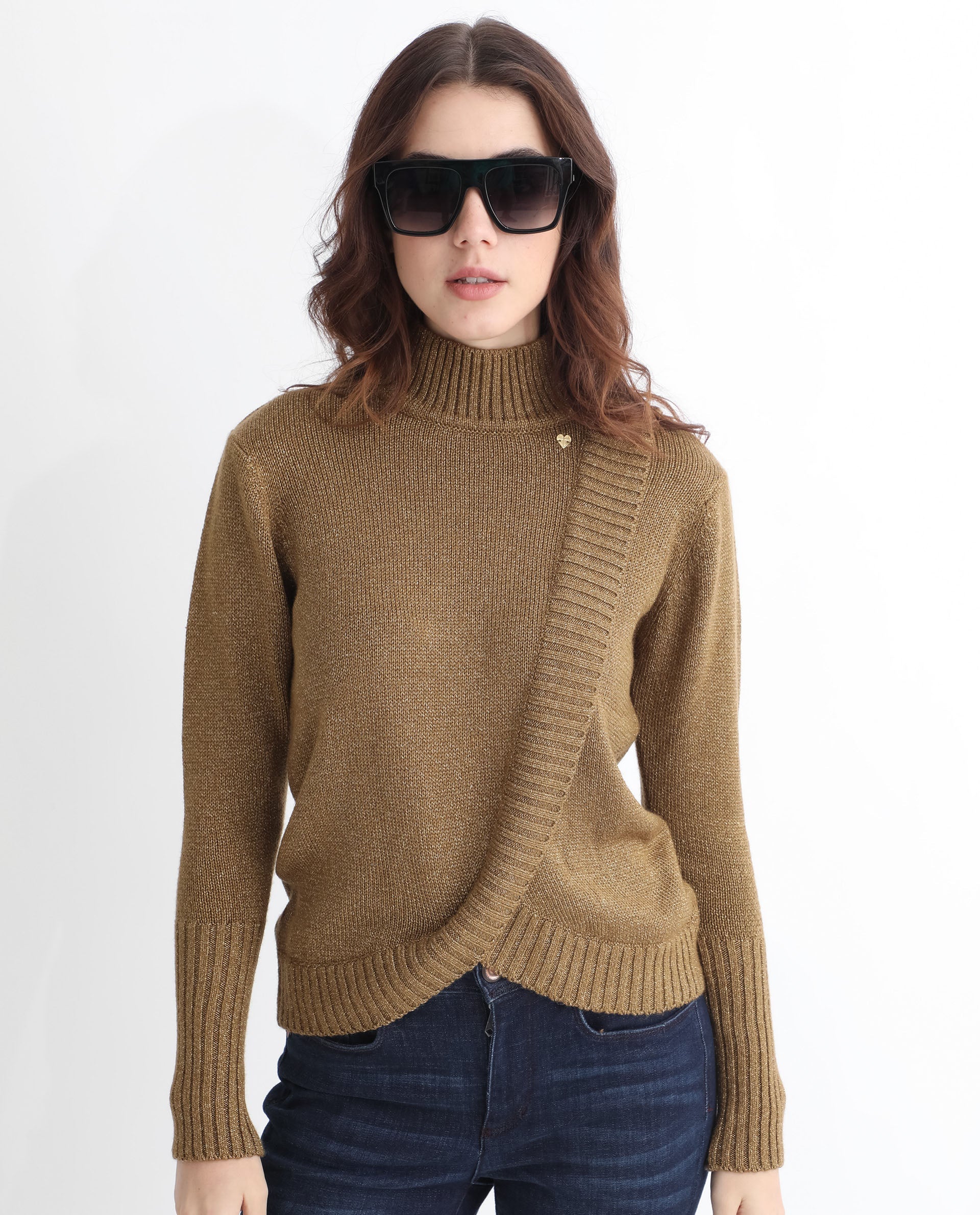 Rareism Women Austern Gold Acrylic Fabric Full Sleeves Knee Length Regular Fit Solid Turtle Neck Sweater