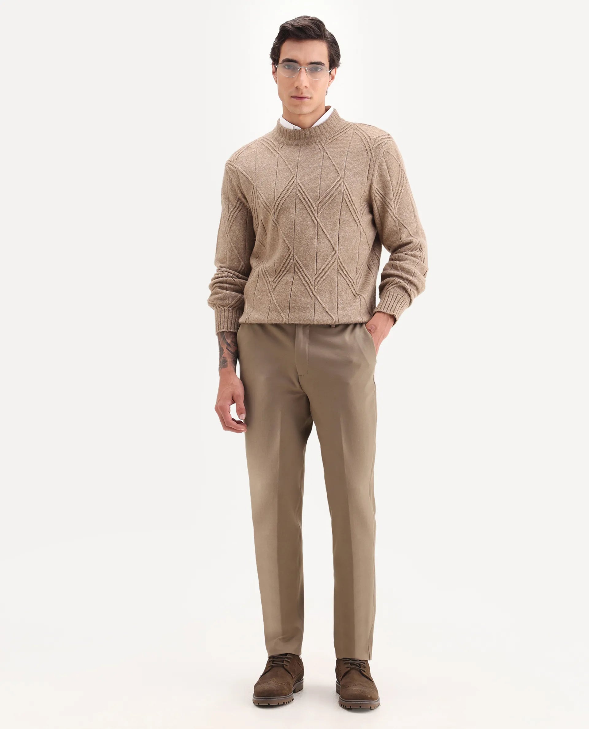 Rare Rabbit Men's Austin Beige Cotton Plain Relaxed Fit Trouser