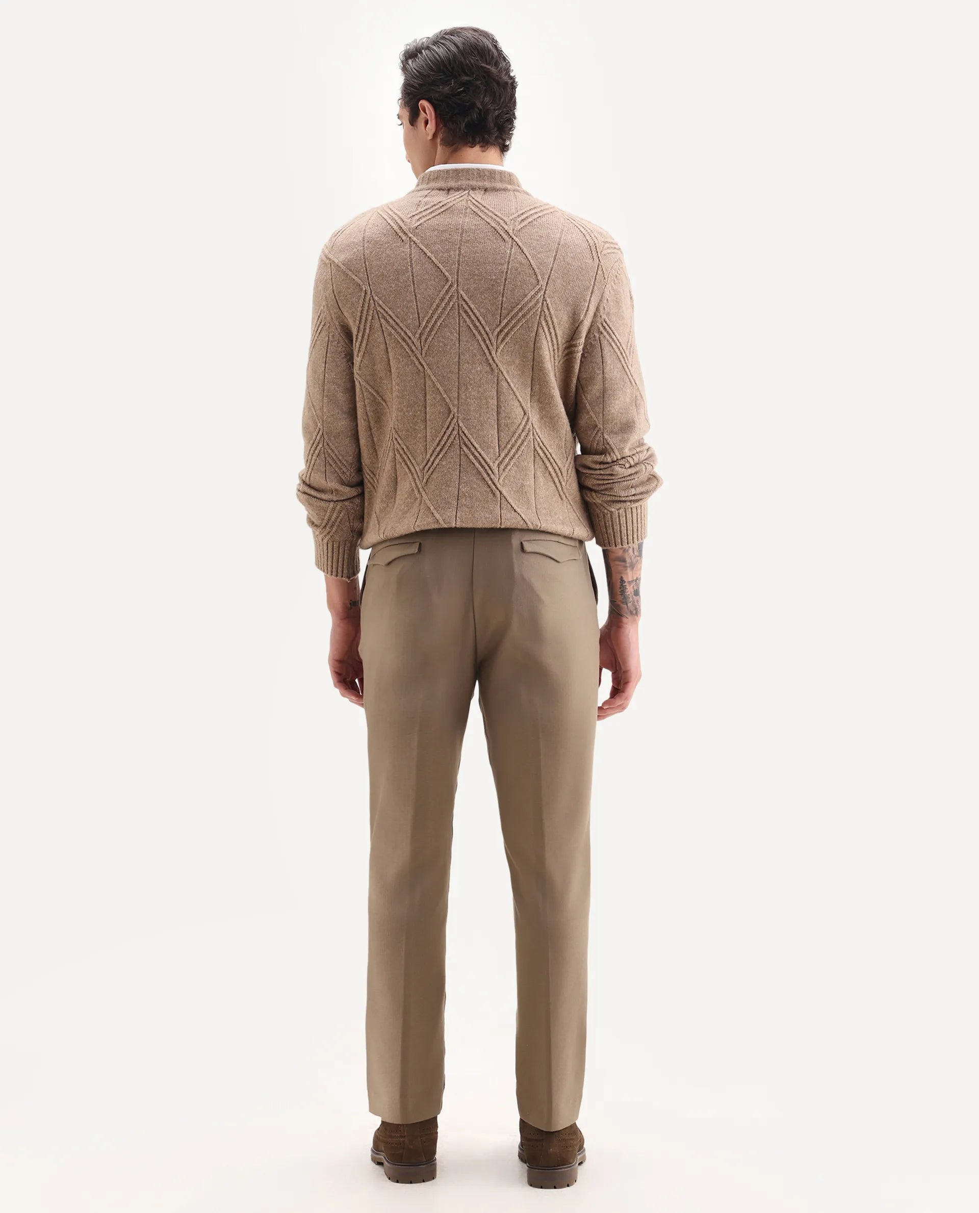 Rare Rabbit Men's Austin Beige Cotton Plain Relaxed Fit Trouser