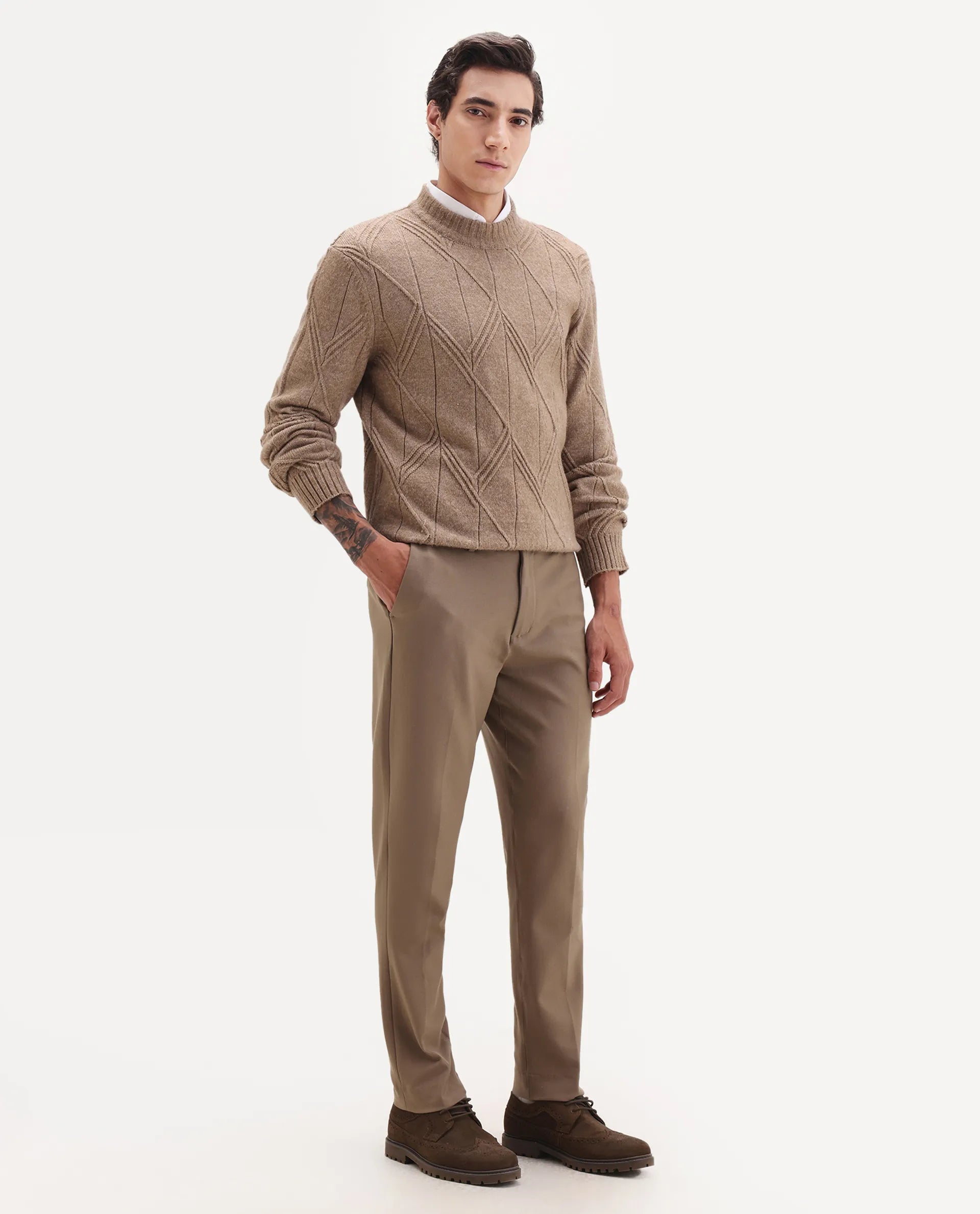 Rare Rabbit Men's Austin Beige Cotton Plain Relaxed Fit Trouser