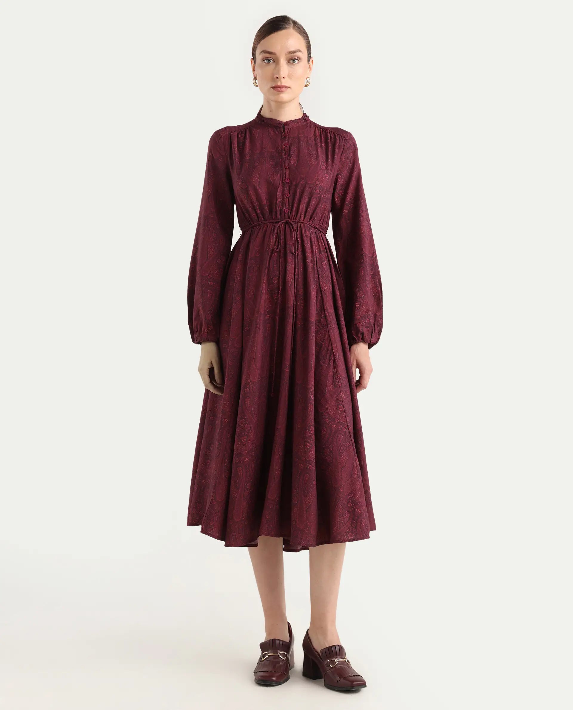 Rareism Women's Austo Maroon Viscose Blend Mandarin Collar Fit And Flare Paisley Print Dress