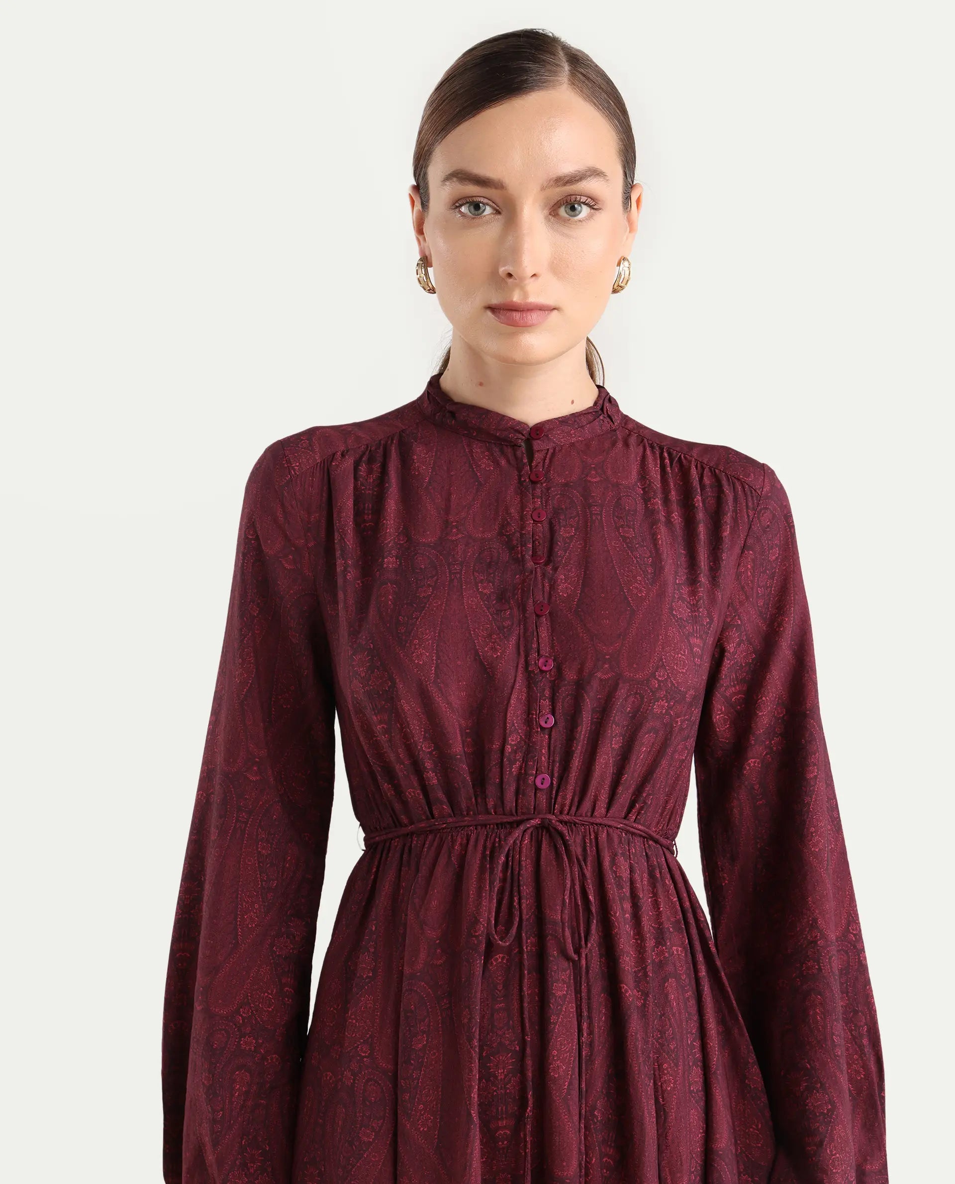Rareism Women's Austo Maroon Viscose Blend Mandarin Collar Fit And Flare Paisley Print Dress