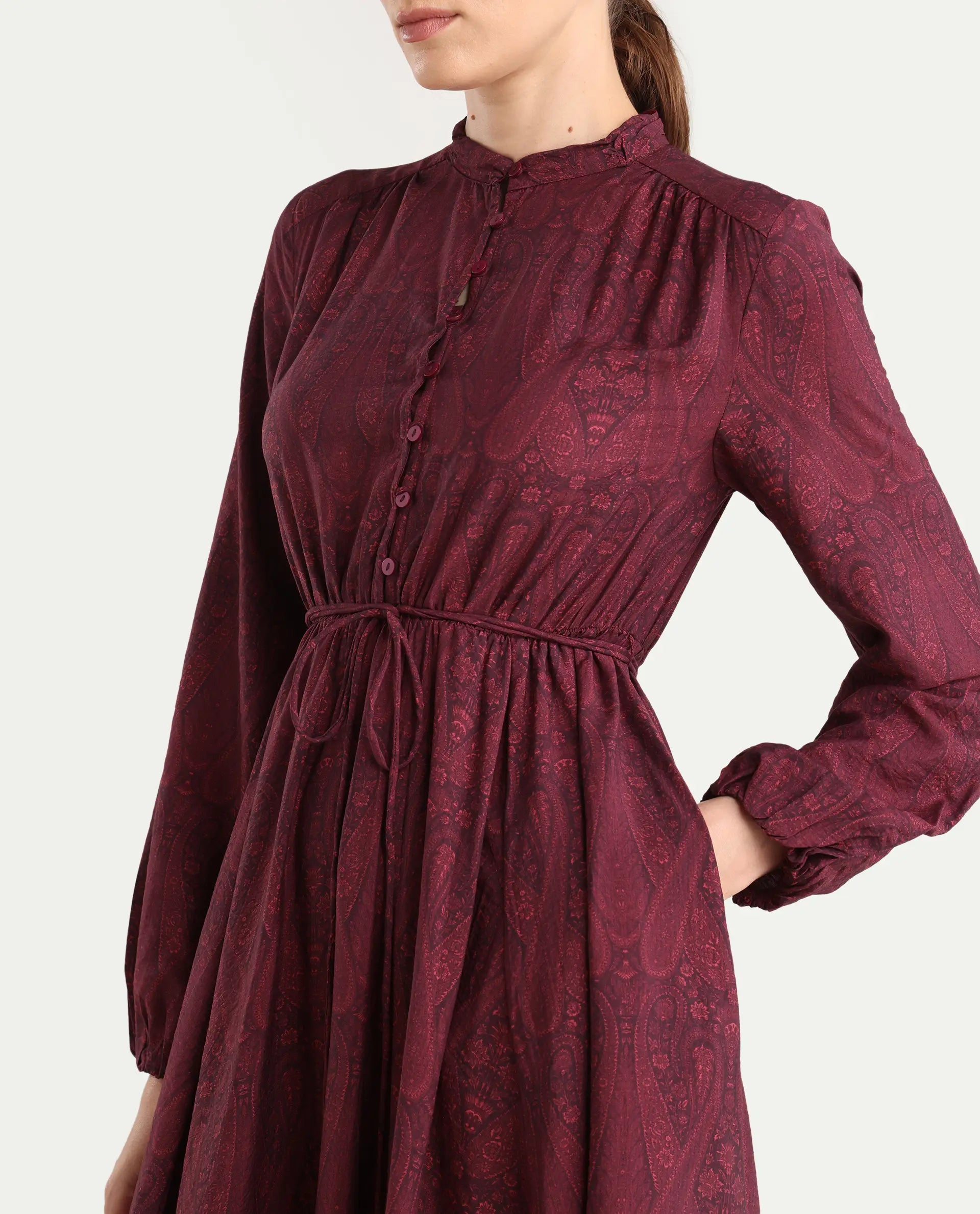 Rareism Women's Austo Maroon Viscose Blend Mandarin Collar Fit And Flare Paisley Print Dress