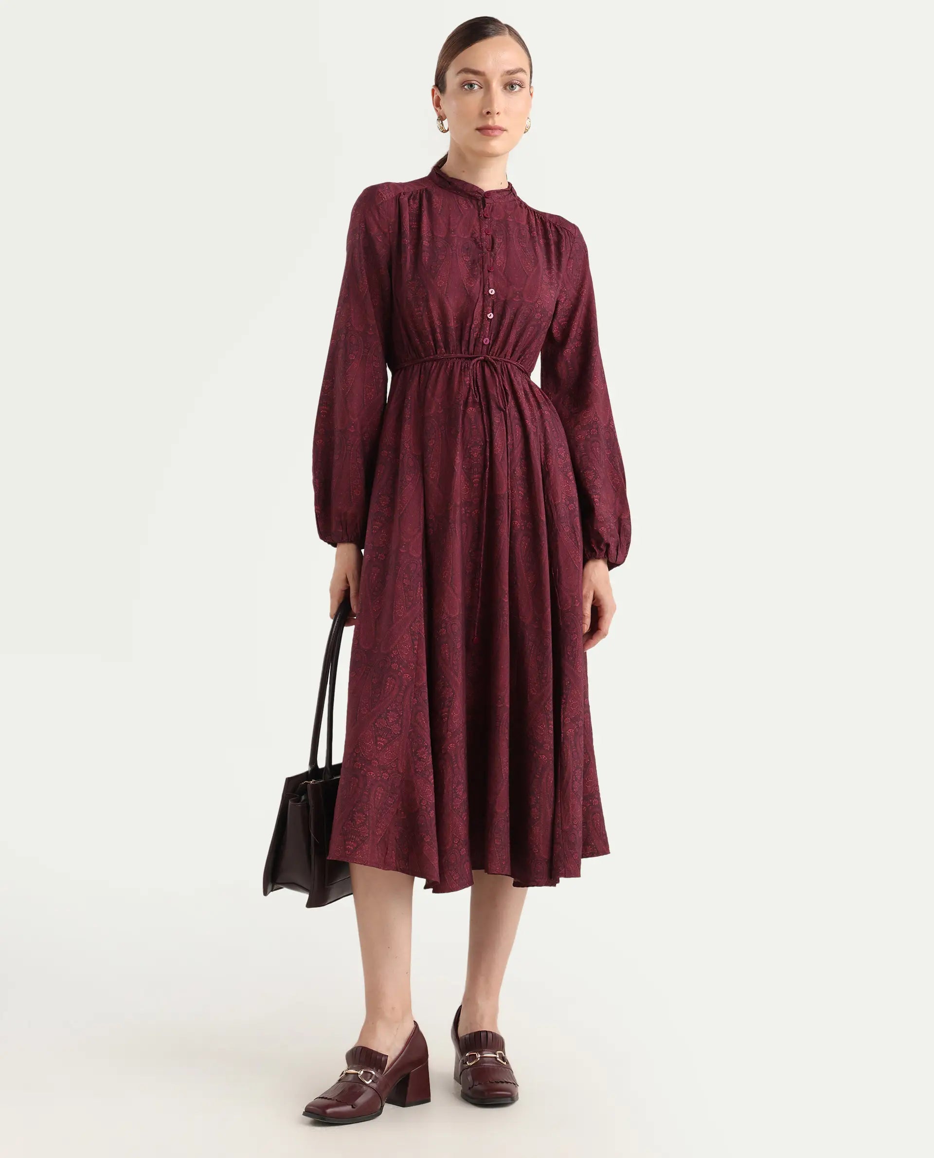 Rareism Women's Austo Maroon Viscose Blend Mandarin Collar Fit And Flare Paisley Print Dress