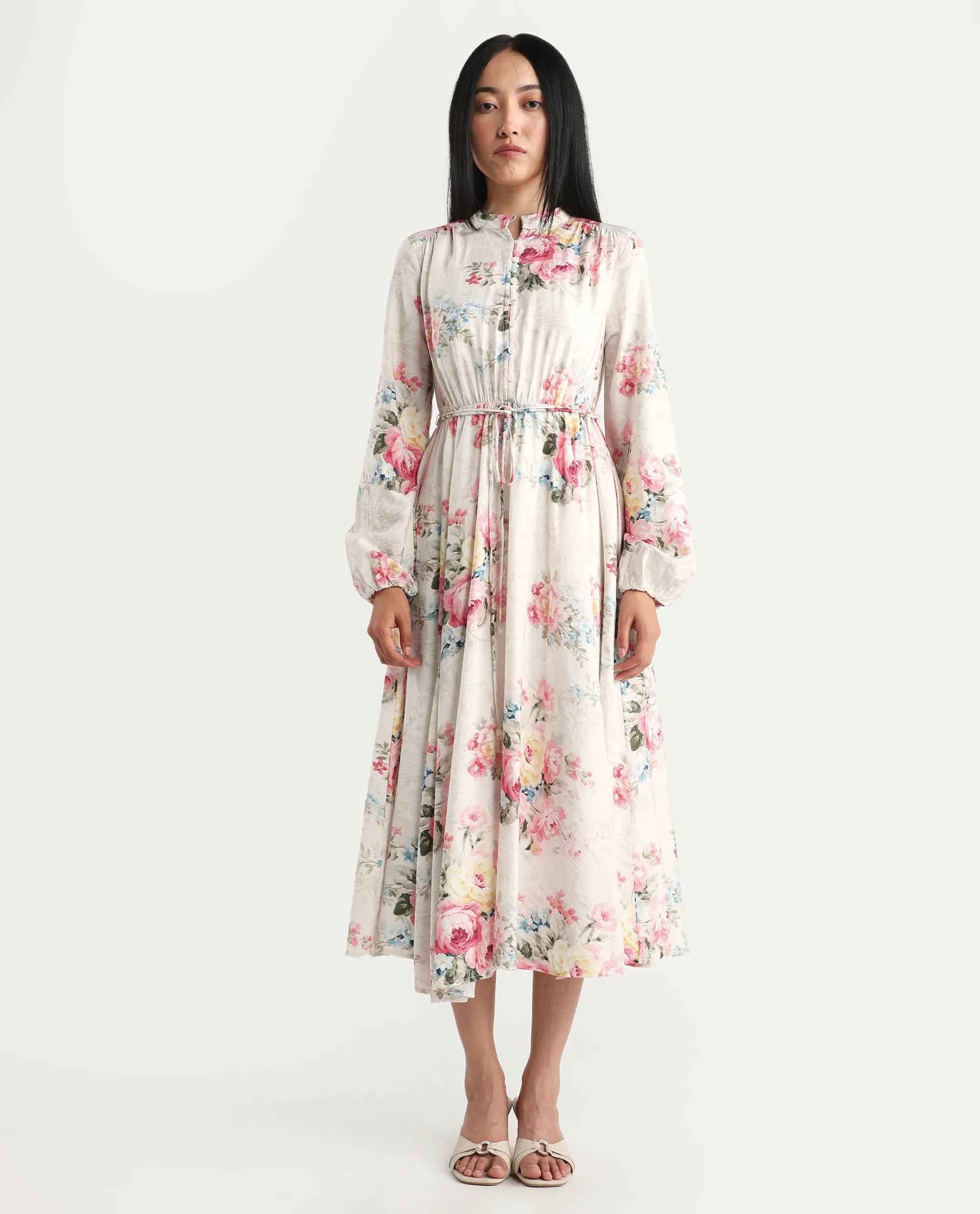 Rareism Women's Austom Beige Viscose Blend Mandarin Collar Fit And Flare Printed Dress