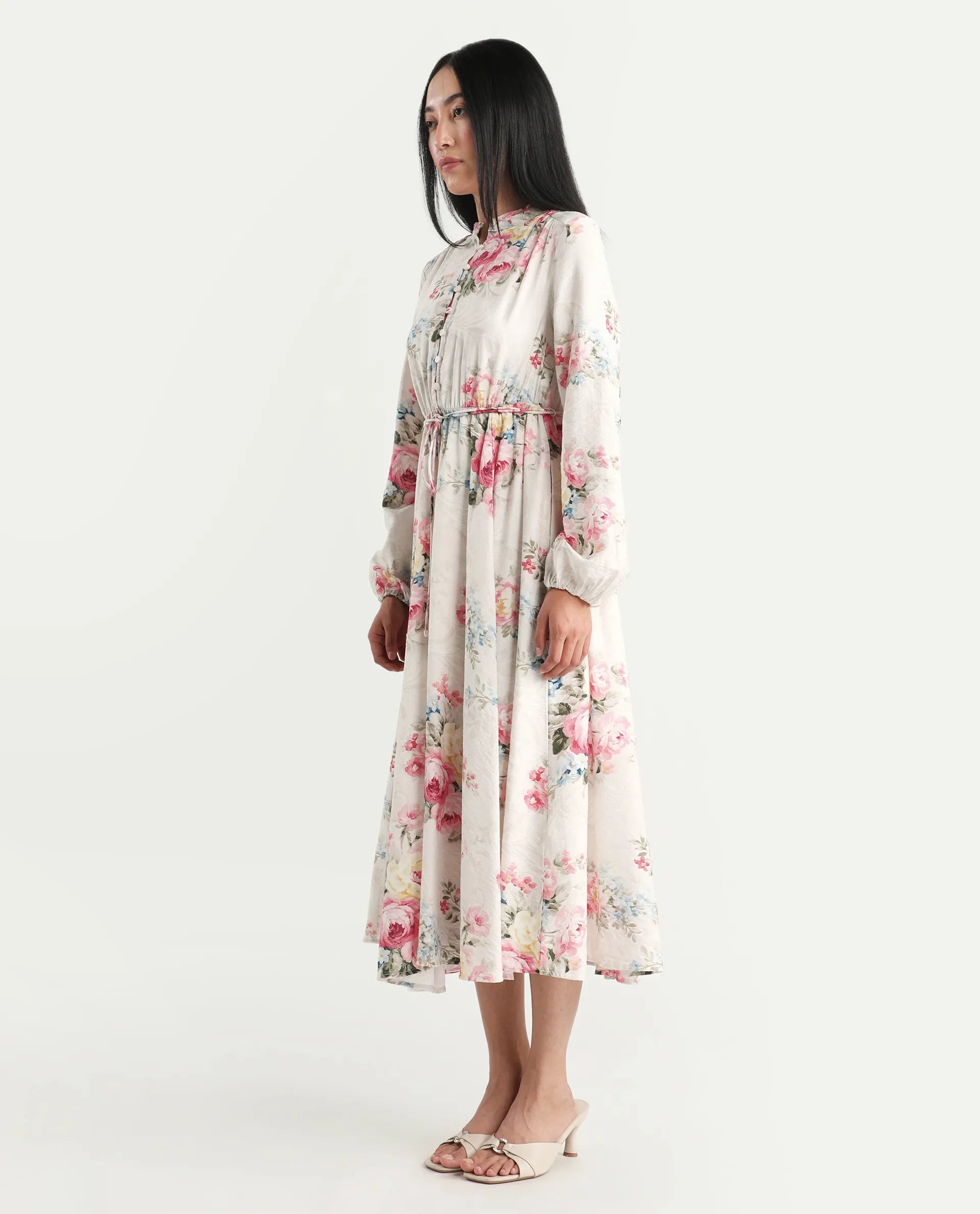 Rareism Women's Austom Beige Viscose Blend Mandarin Collar Fit And Flare Printed Dress