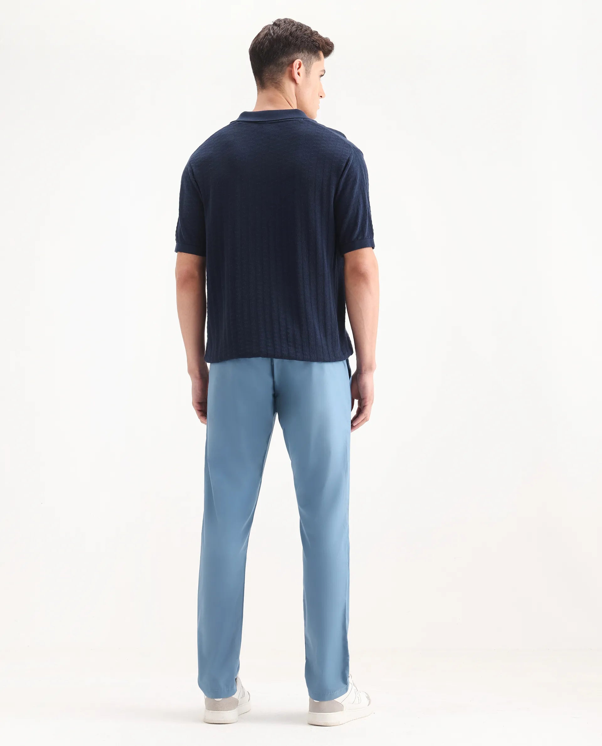 Rare Rabbit Men's Aux Blue Polyester Plain Regular Fit Trouser