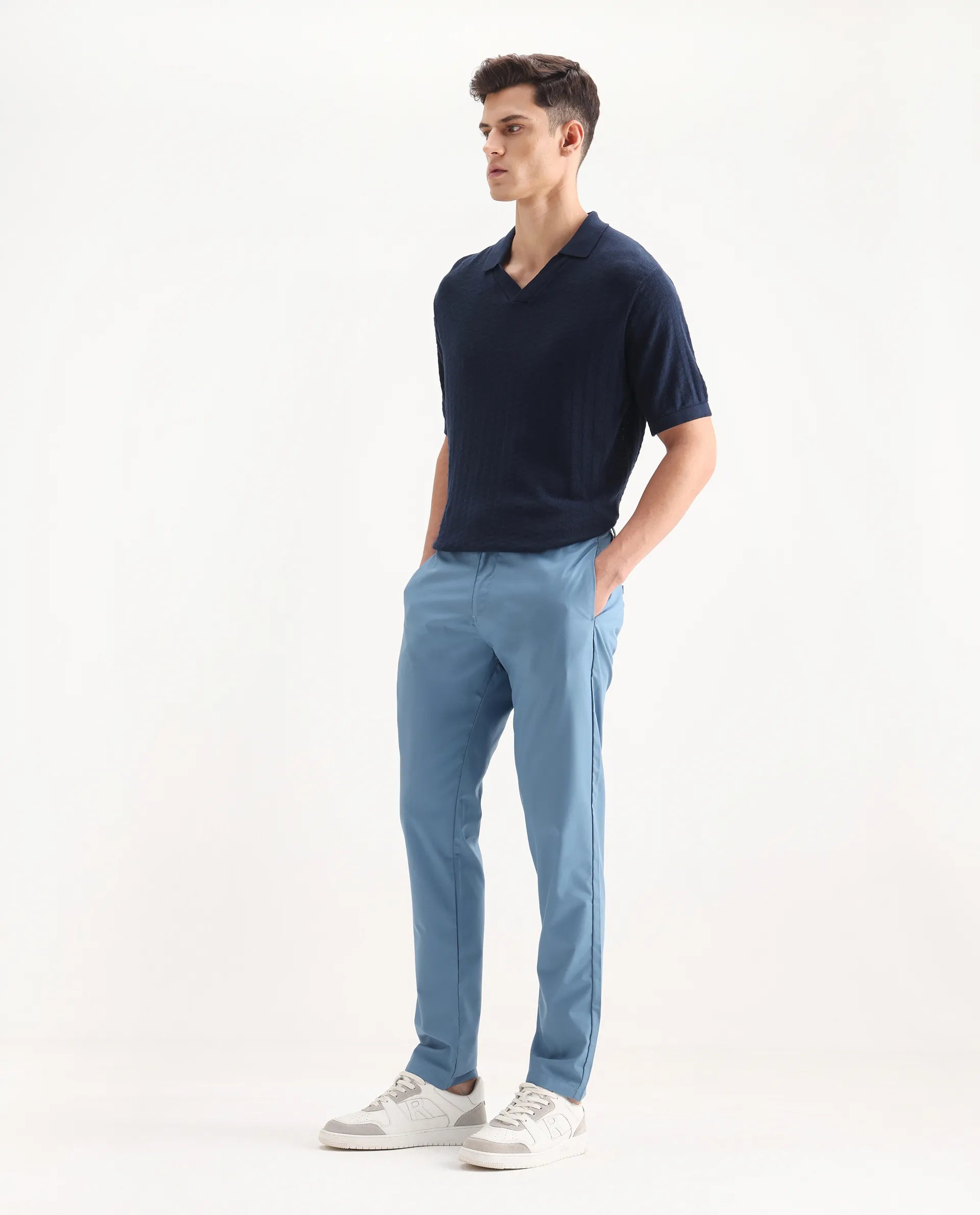 Rare Rabbit Men's Aux Blue Polyester Plain Regular Fit Trouser
