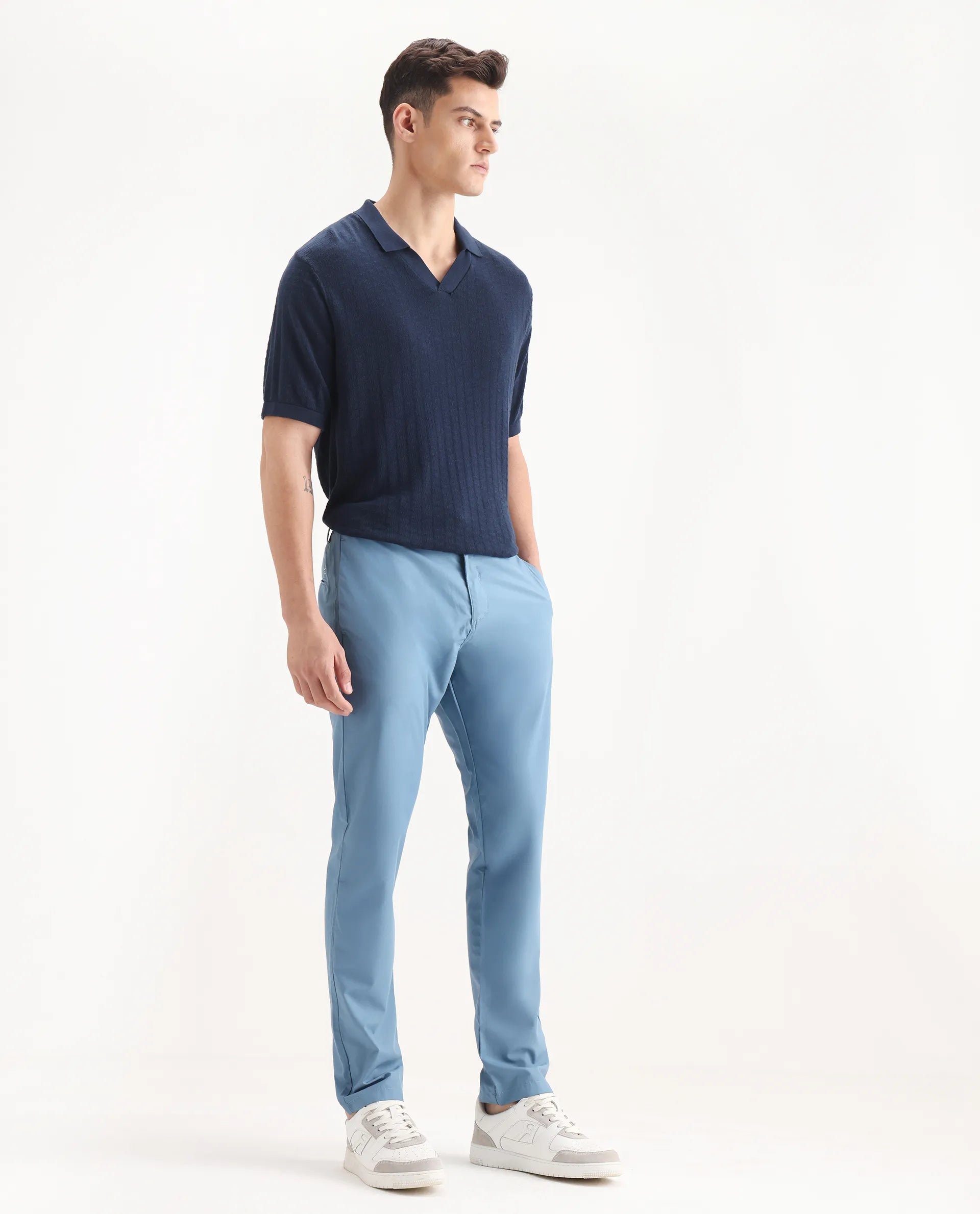 Rare Rabbit Men's Aux Blue Polyester Plain Regular Fit Trouser