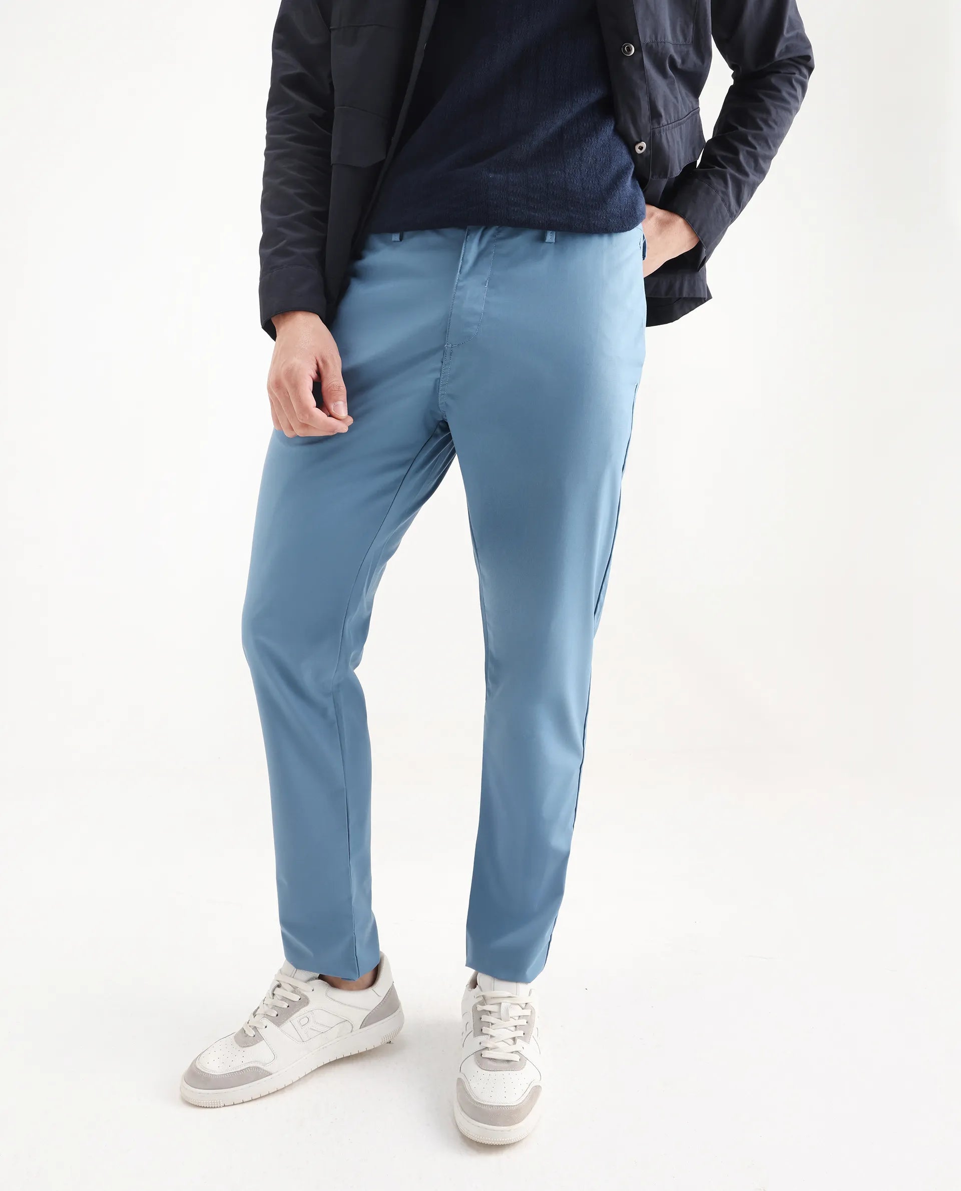 Rare Rabbit Men's Aux Blue Polyester Plain Regular Fit Trouser