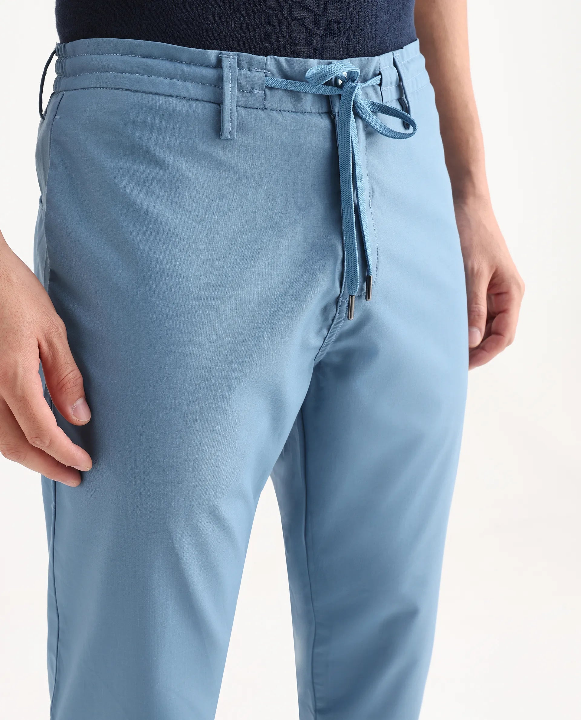 Rare Rabbit Men's Aux Blue Polyester Plain Regular Fit Trouser