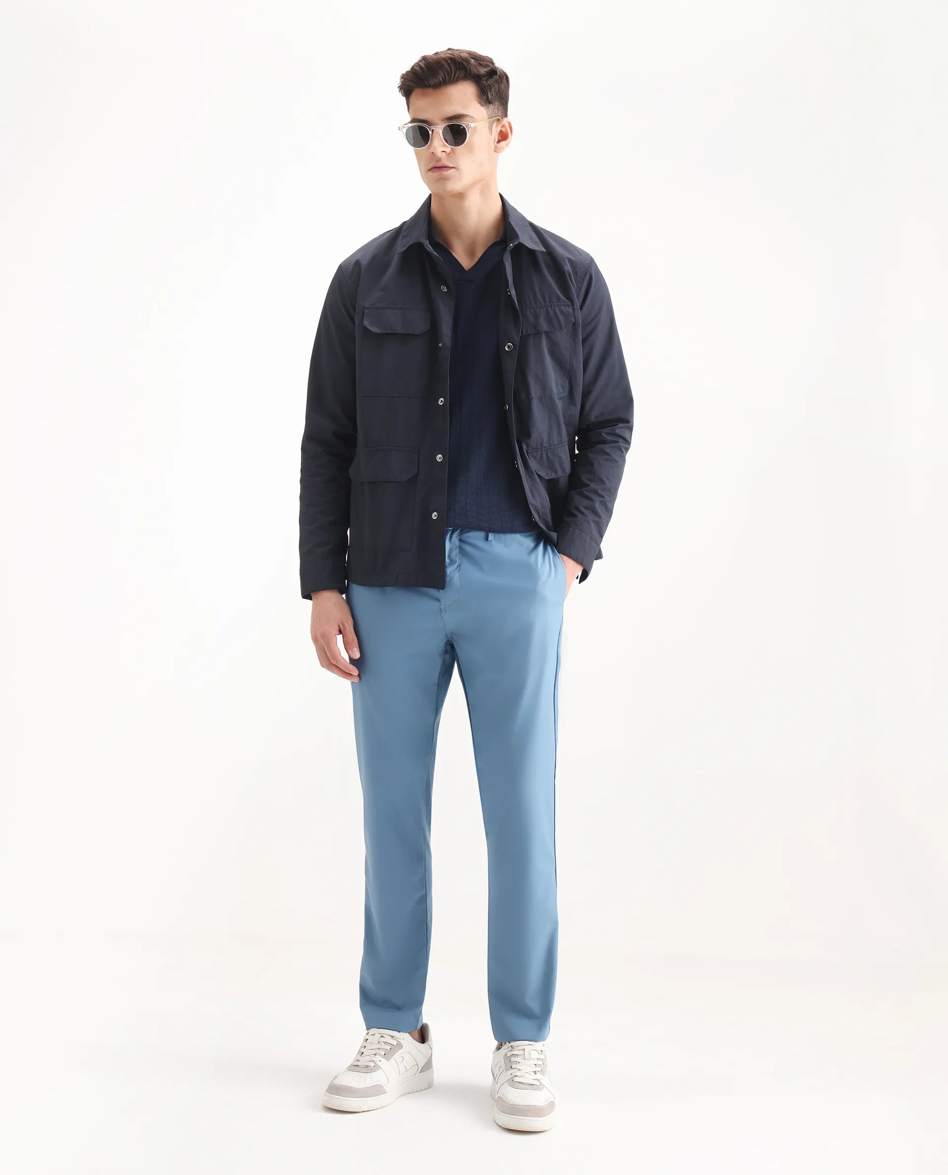 Rare Rabbit Men's Aux Blue Polyester Plain Regular Fit Trouser