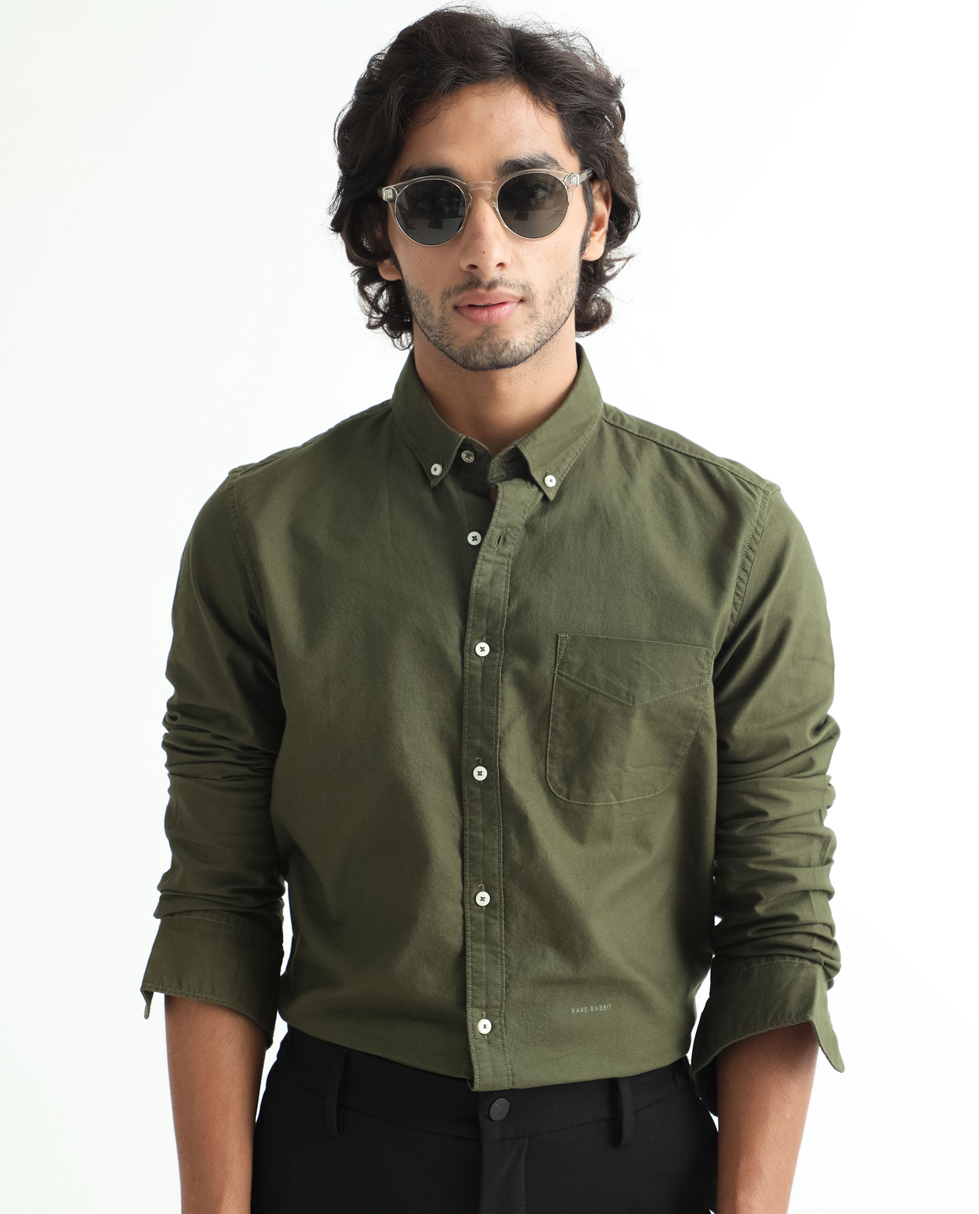 Buy Dark Olive Oxford  Casual Olive Solid Shirts for Men Online