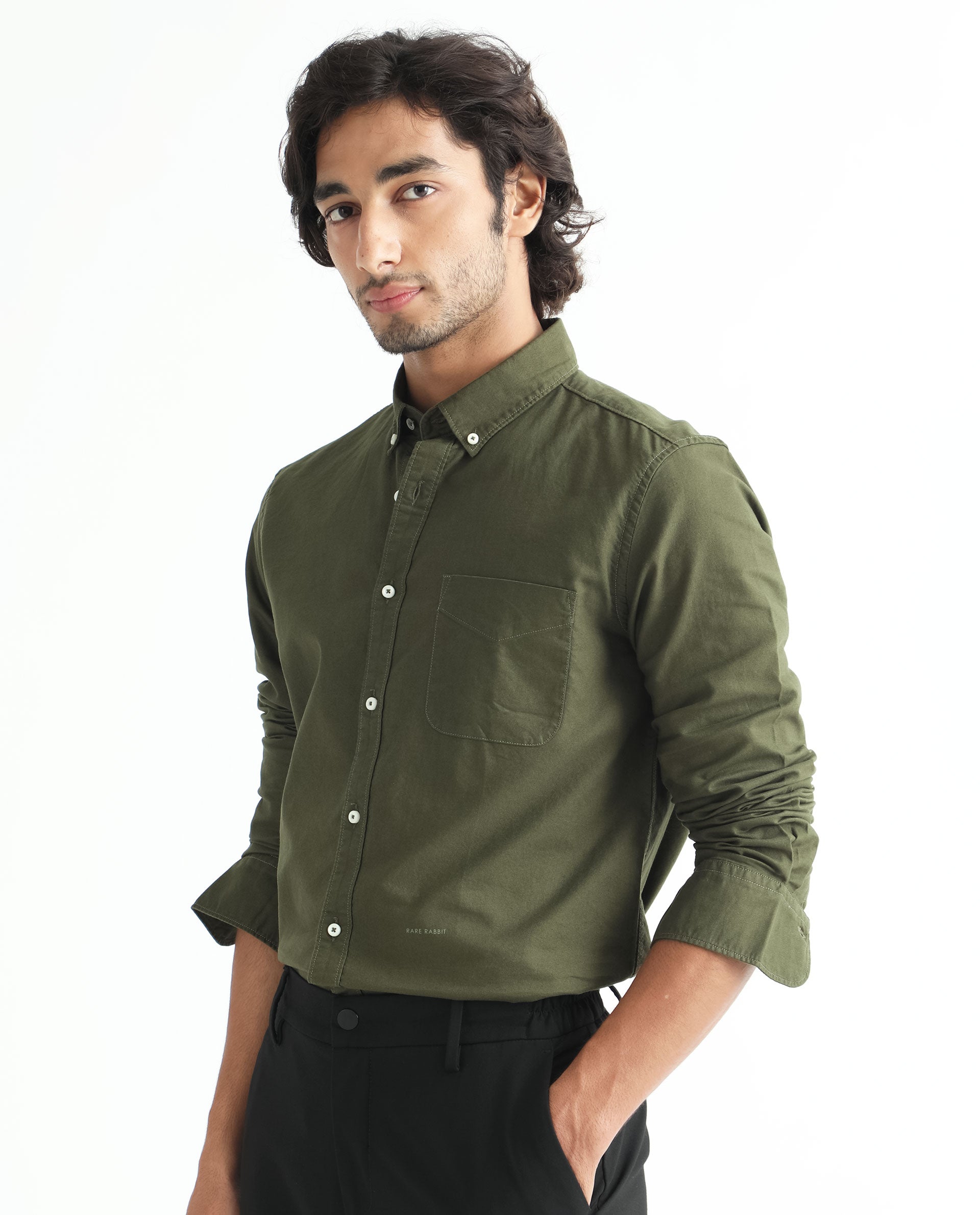 Rare Rabbit Men's Auxfo Olive Cotton Fabric Full Sleeves Solid Shirt