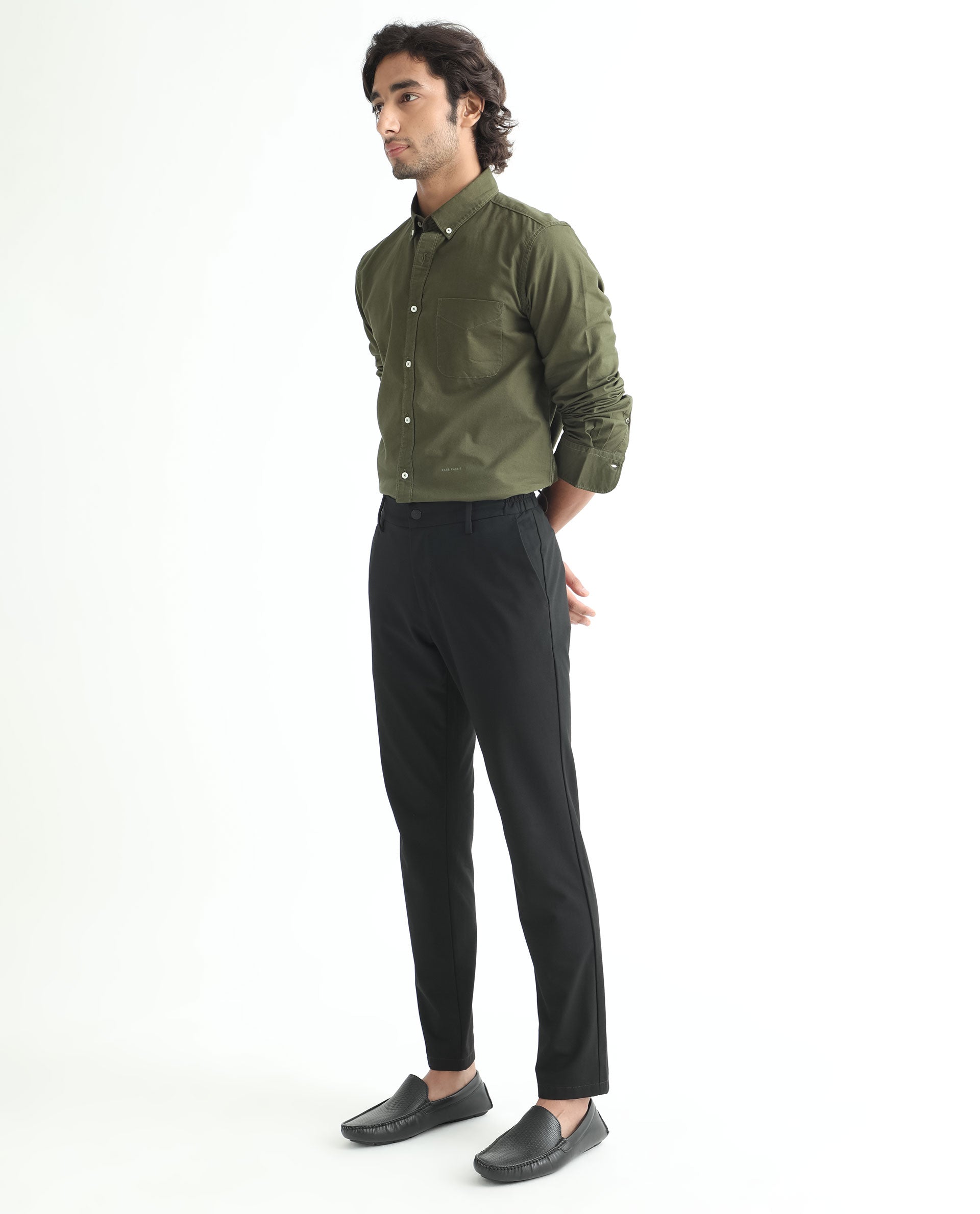 Rare Rabbit Men's Auxfo Olive Cotton Fabric Full Sleeves Solid Shirt