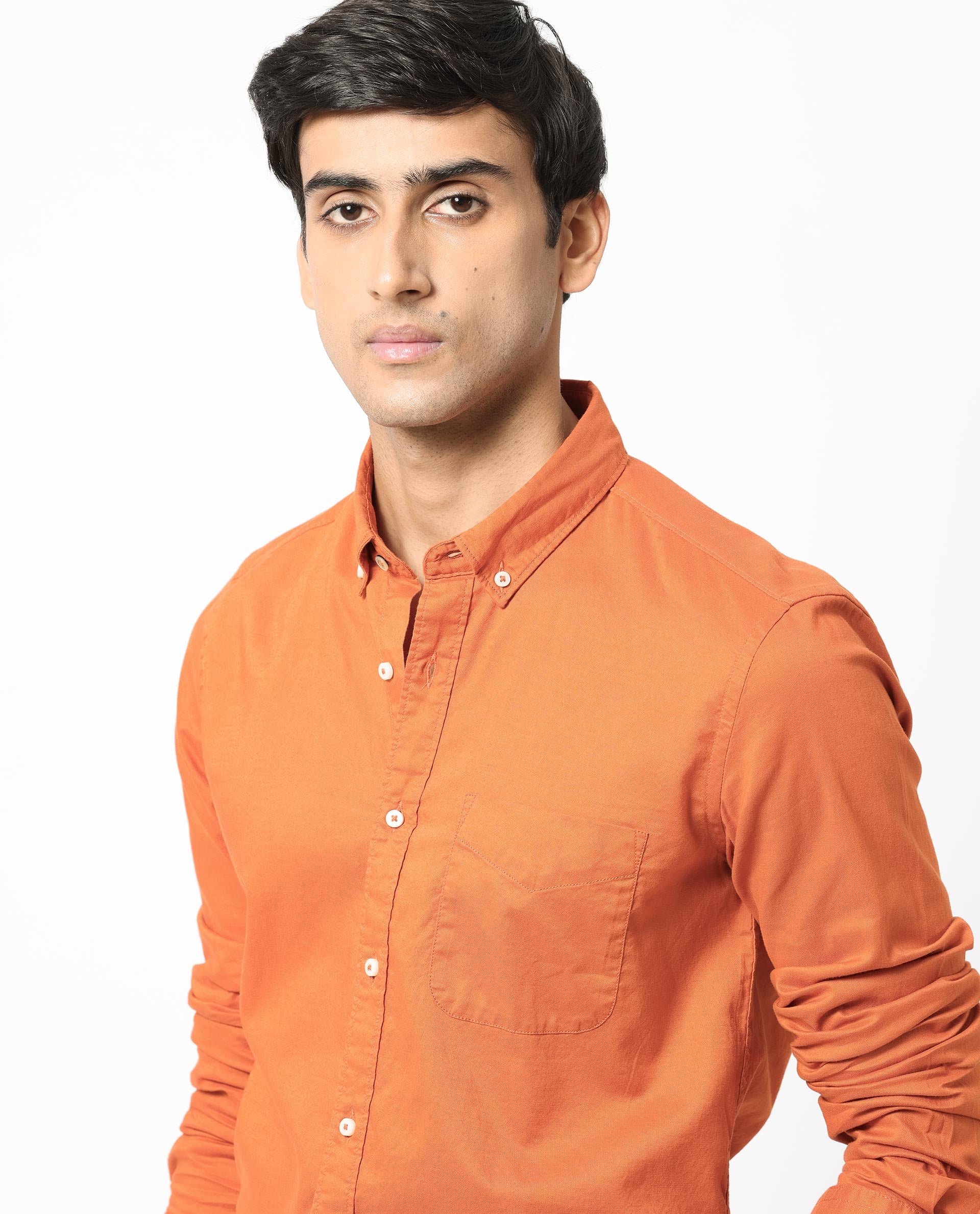 Rare Rabbit Men's Auxfo Orange Cotton Plain Regular Fit Full Sleeve Button-Down Collar Shirt