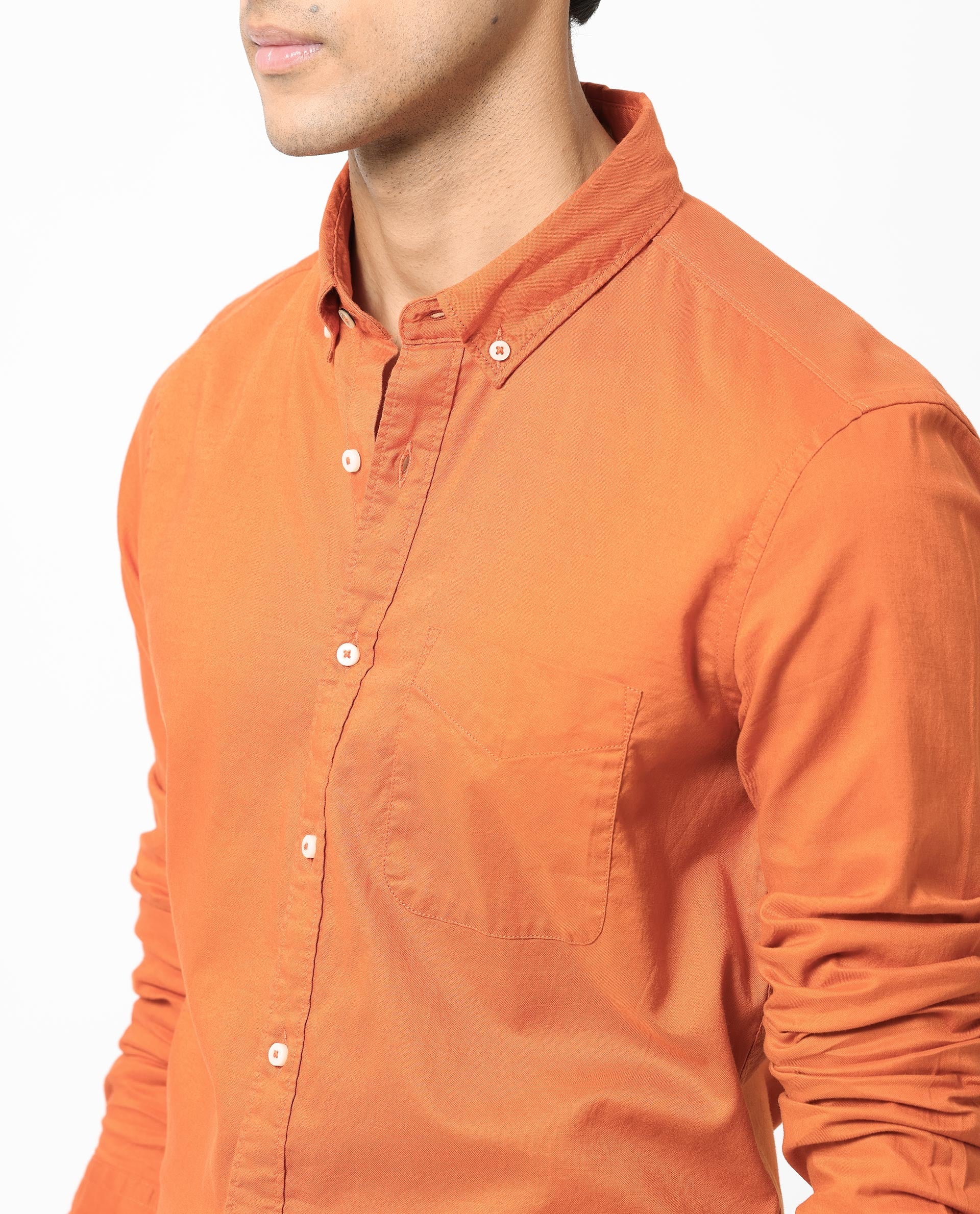 Rare Rabbit Men's Auxfo Orange Cotton Fabric Full Sleeves Solid Shirt