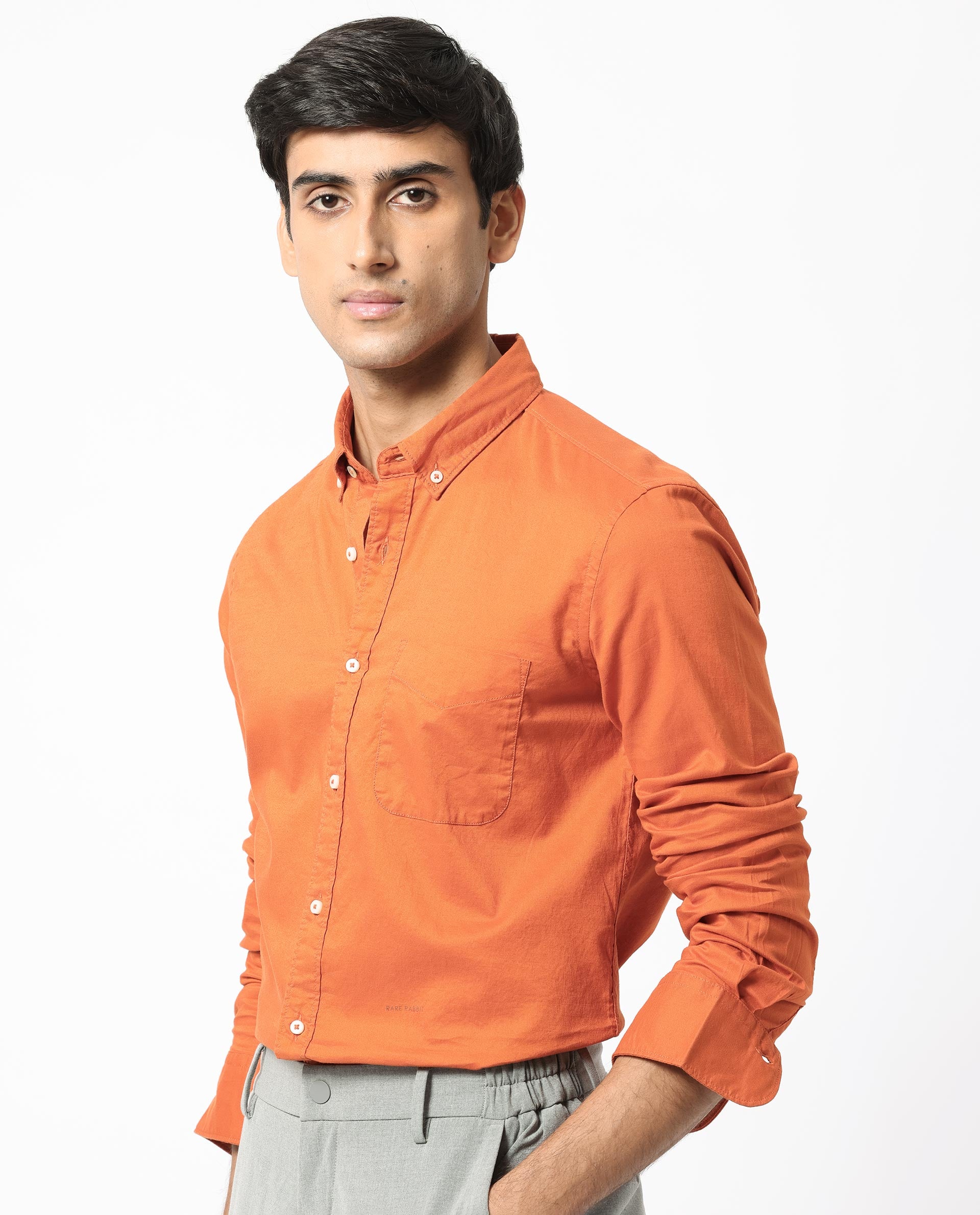 Rare Rabbit Men's Auxfo Orange Cotton Fabric Full Sleeves Solid Shirt