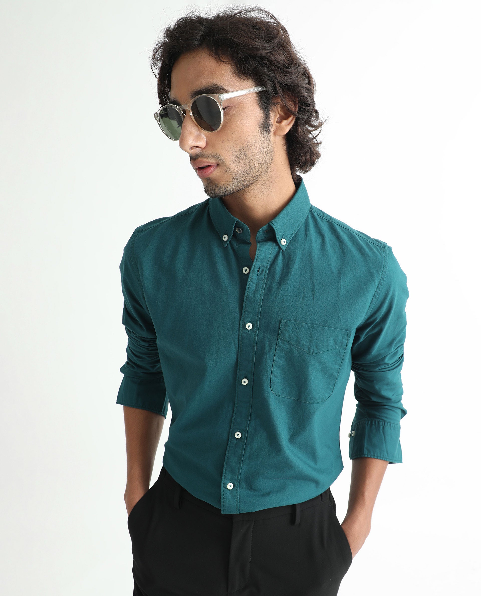 Rare Rabbit Men's Auxfo Petrol Cotton Fabric Full Sleeves Solid Shirt