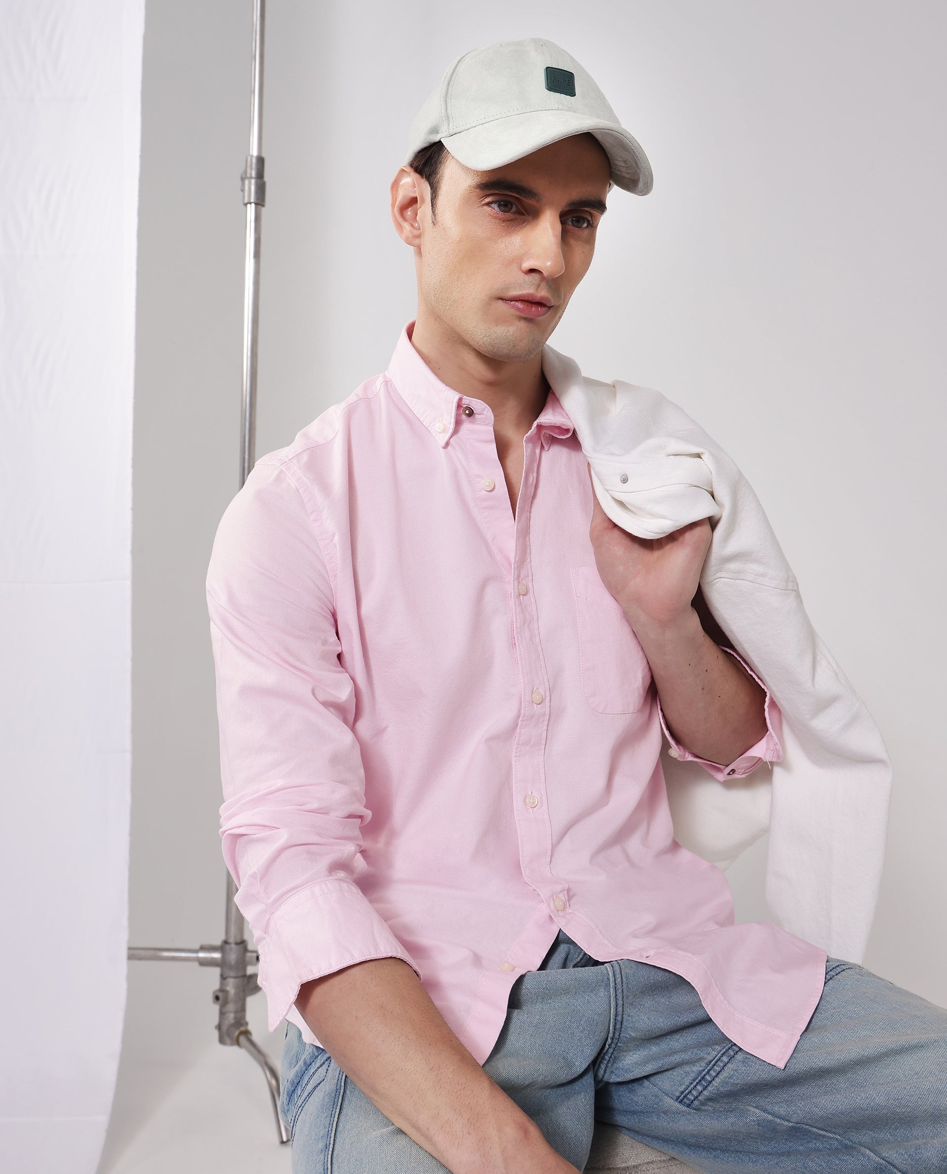 Rare Rabbit Men's Auxfo Light Pink Cotton Fabric Full Sleeves Solid Shirt